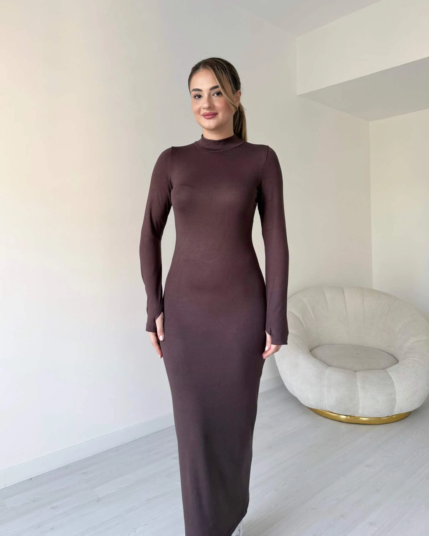 Parmak Geçirmeli Uzun Basic Elbise