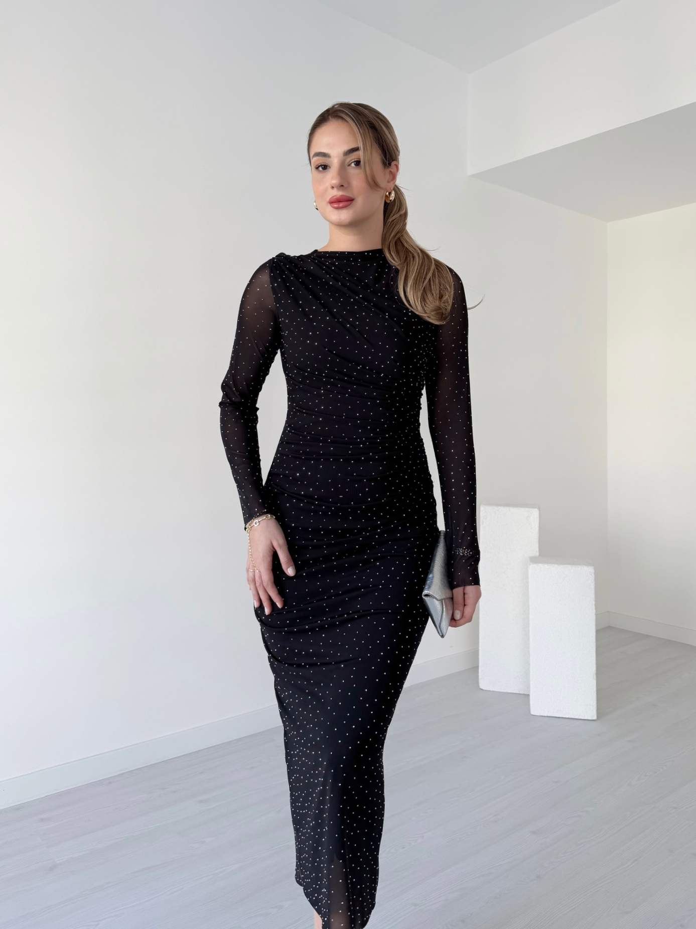 Taşlı Midi Boy Tül Elbise