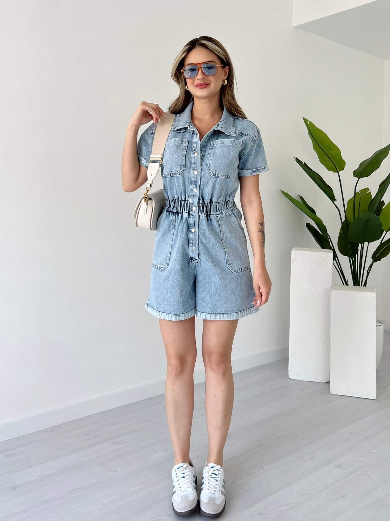 Beli Lastikli Denim Şort Tulum - Kar Yıkama