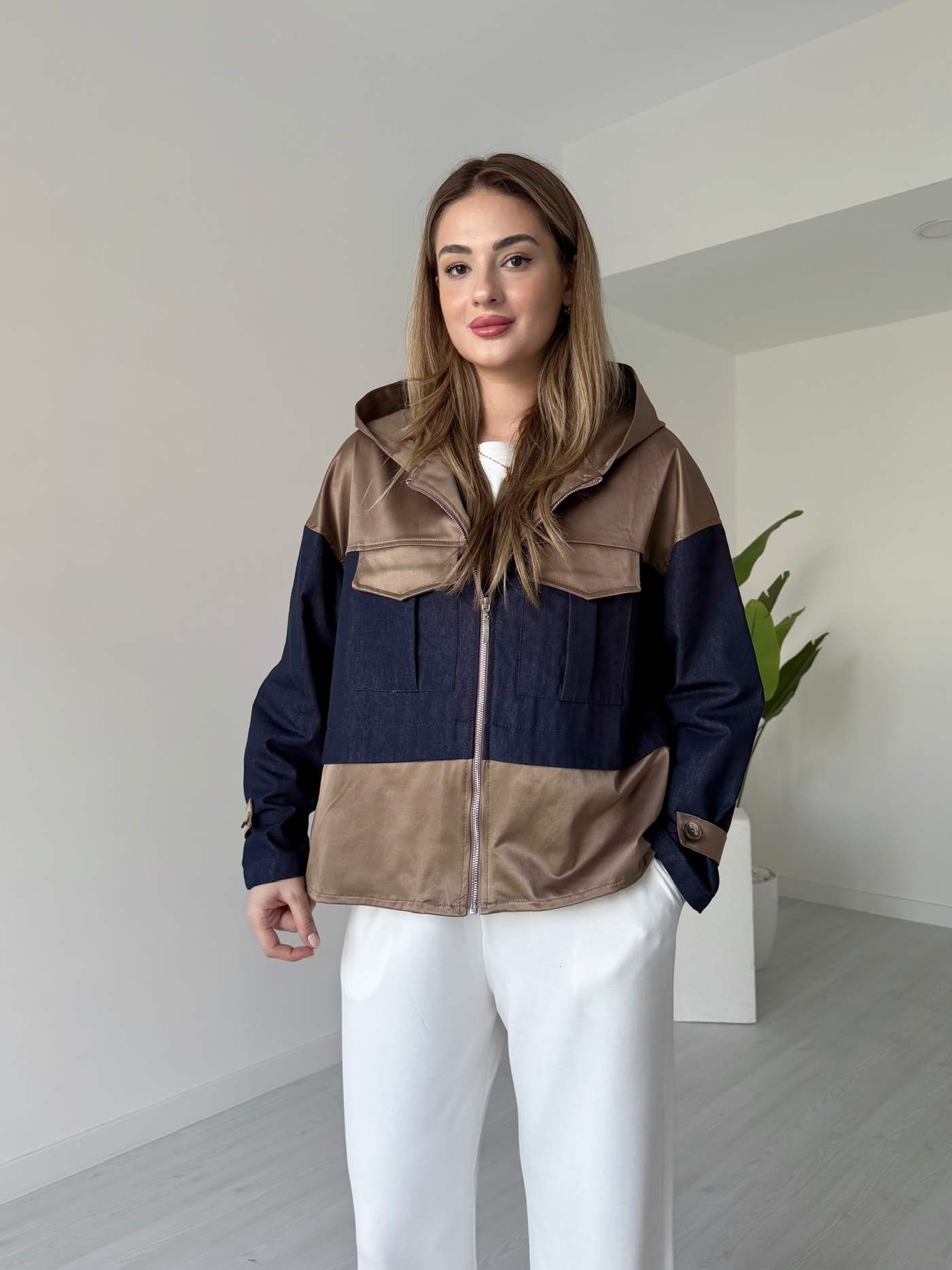 Denim Garnili Kapüşonlu Mont - Koyu Mavi