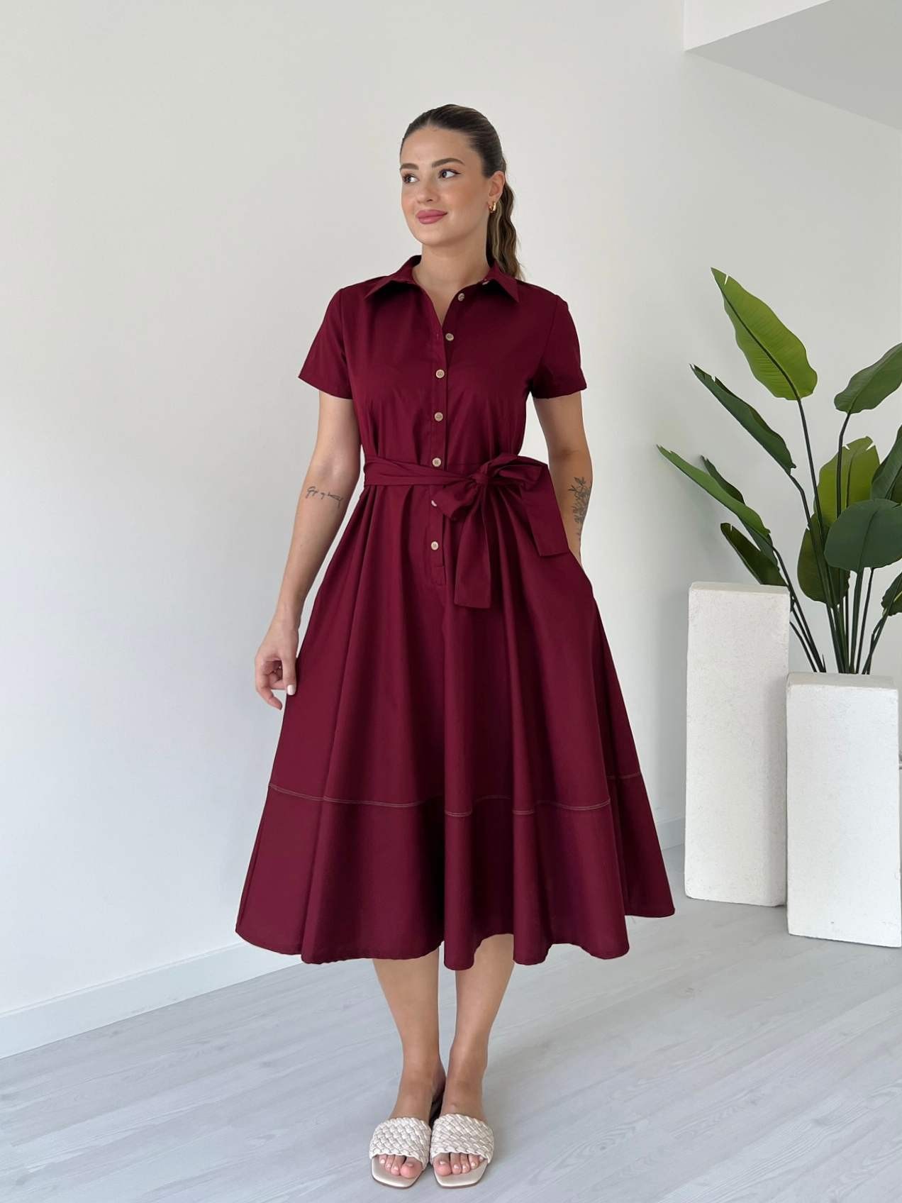Biye Detaylı Kloş Elbise - Bordo