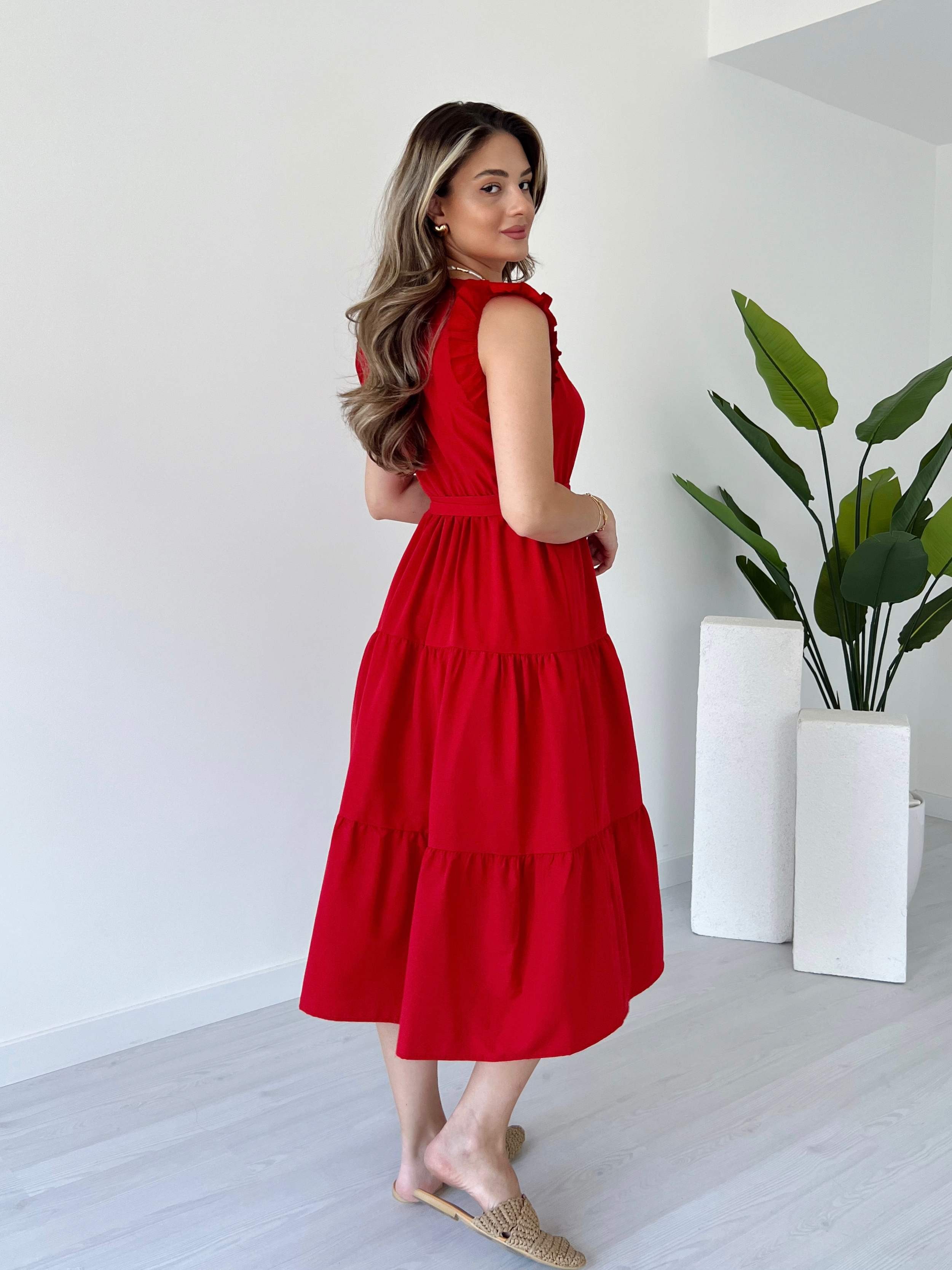 Yaka ve Kolları Fırfırlı Poplin Elbise - Kırmızı