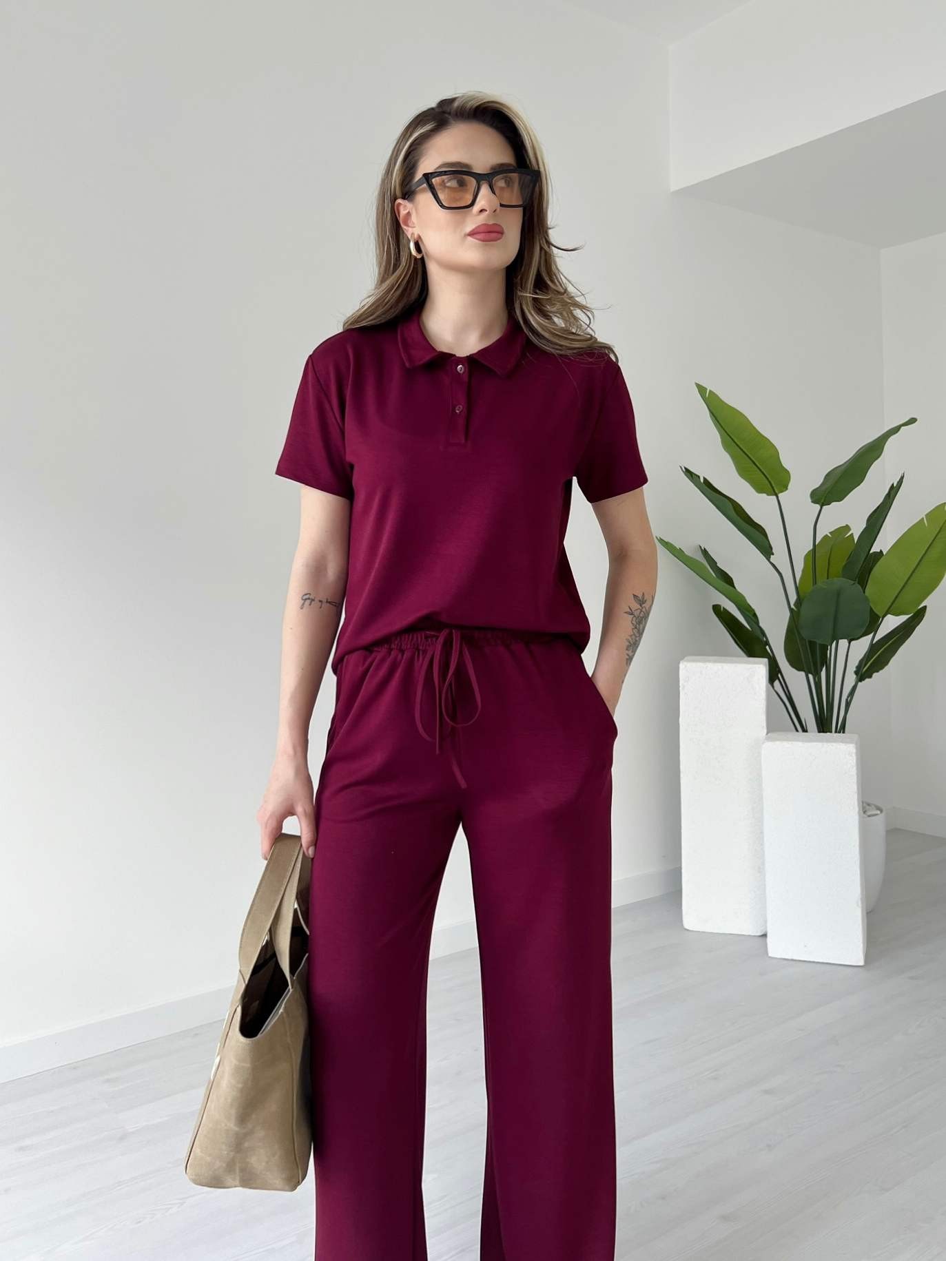 Polo Yaka Kısa Kollu Casual Takım - Bordo