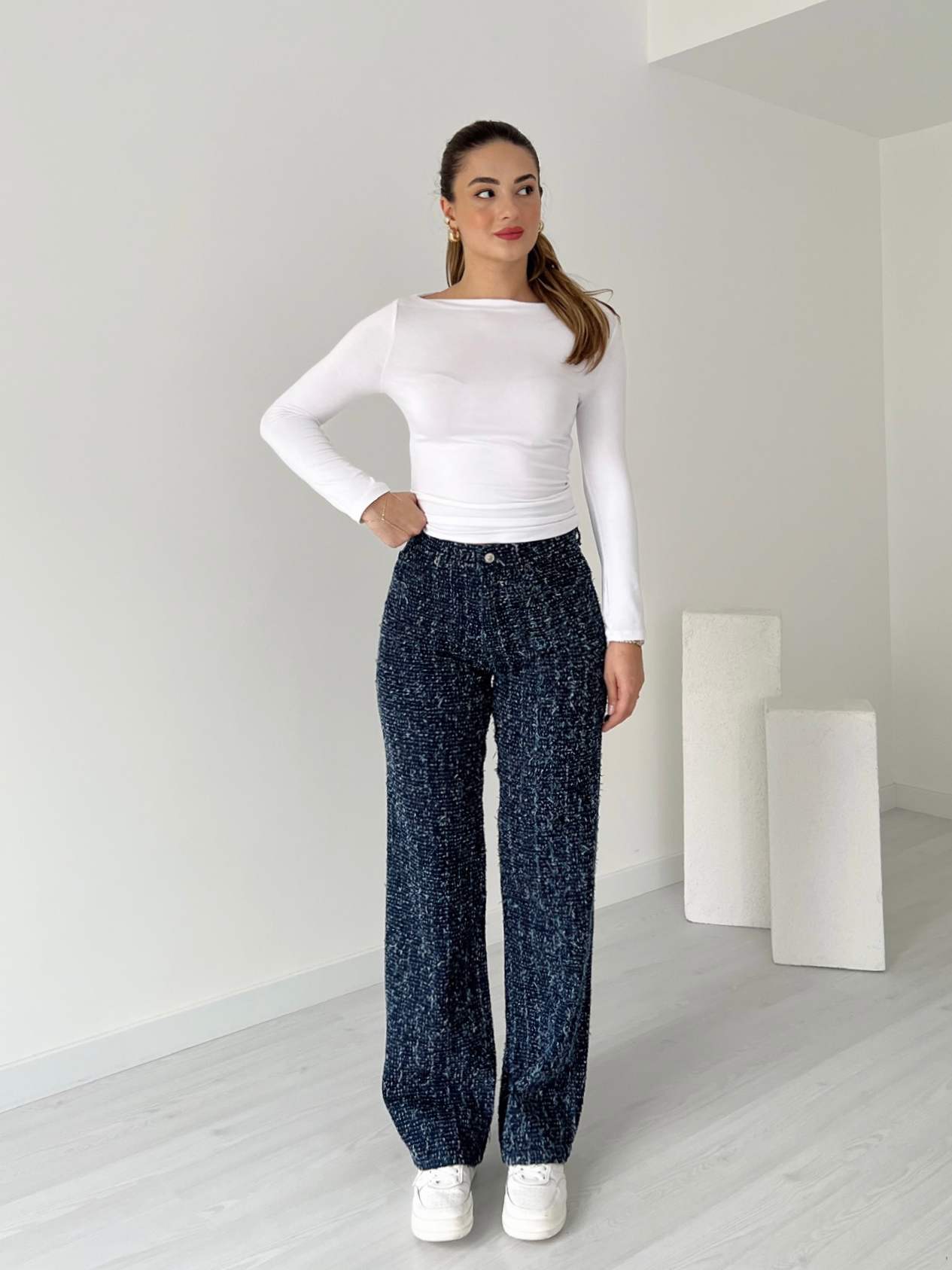 Dokulu Wide Leg Jean - Mavi