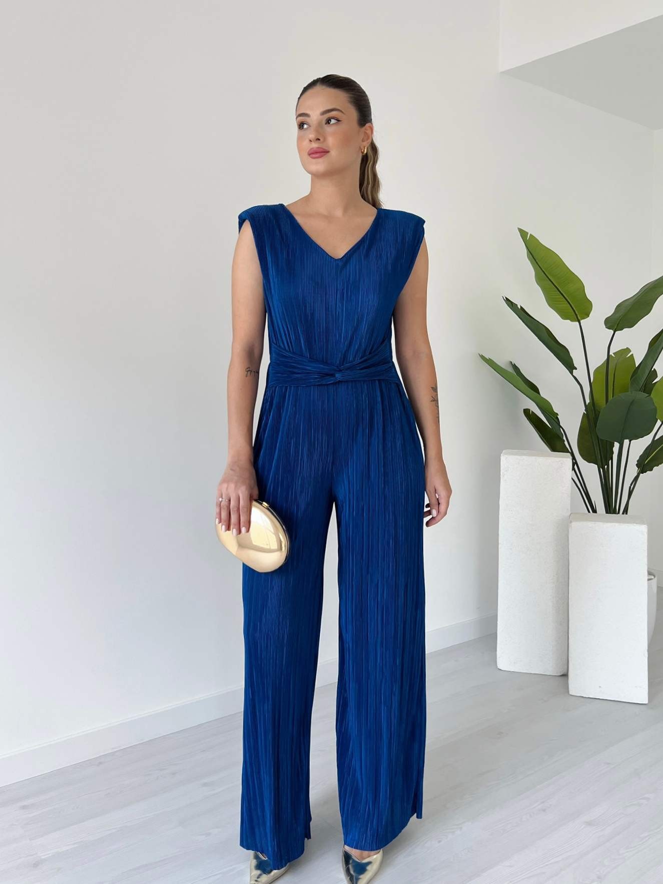 Bel Detaylı Piliseli Tulum - Saks Mavi