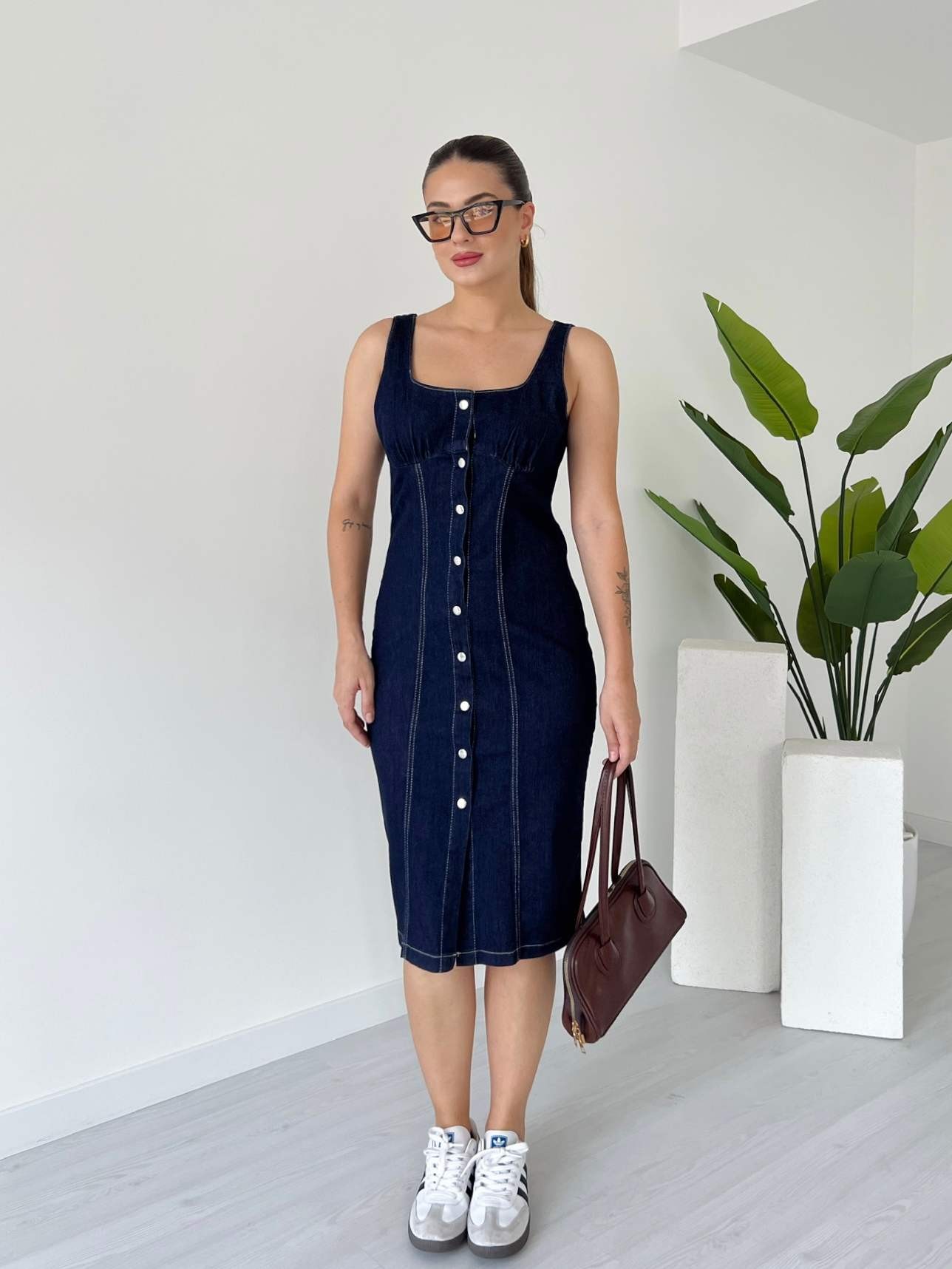 Askılı Önü Düğmeli Denim Elbise