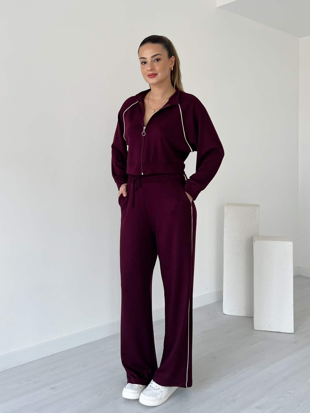 Modal Kumaş Biyeli Eşofman Takımı - Bordo