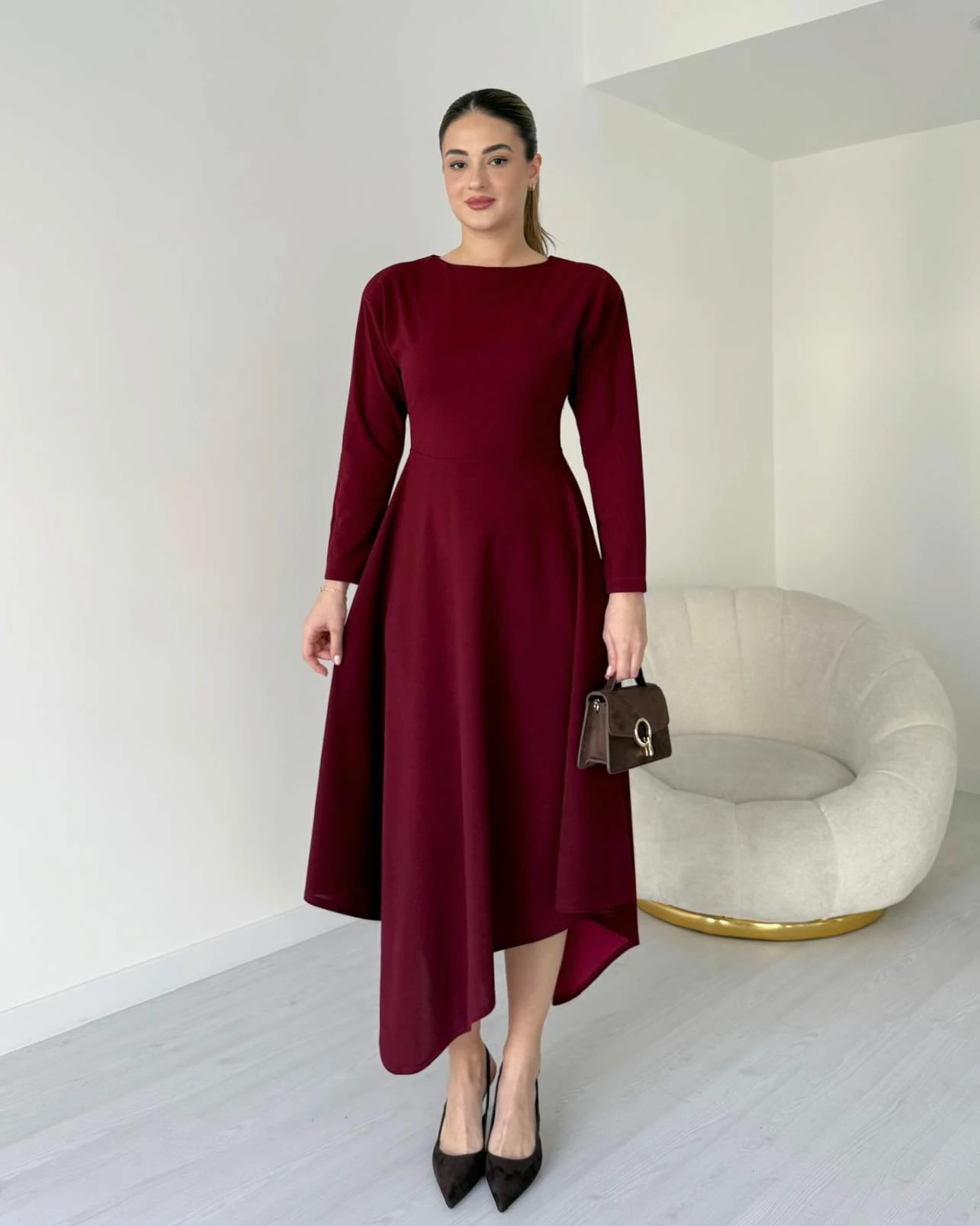 Eteği Asimetrik ROLLAND Elbise - Bordo