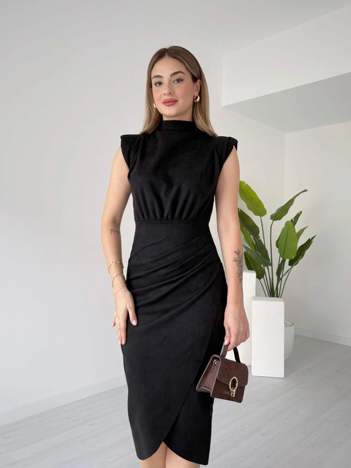 Midi Boy Vatkalı Süet Elbise