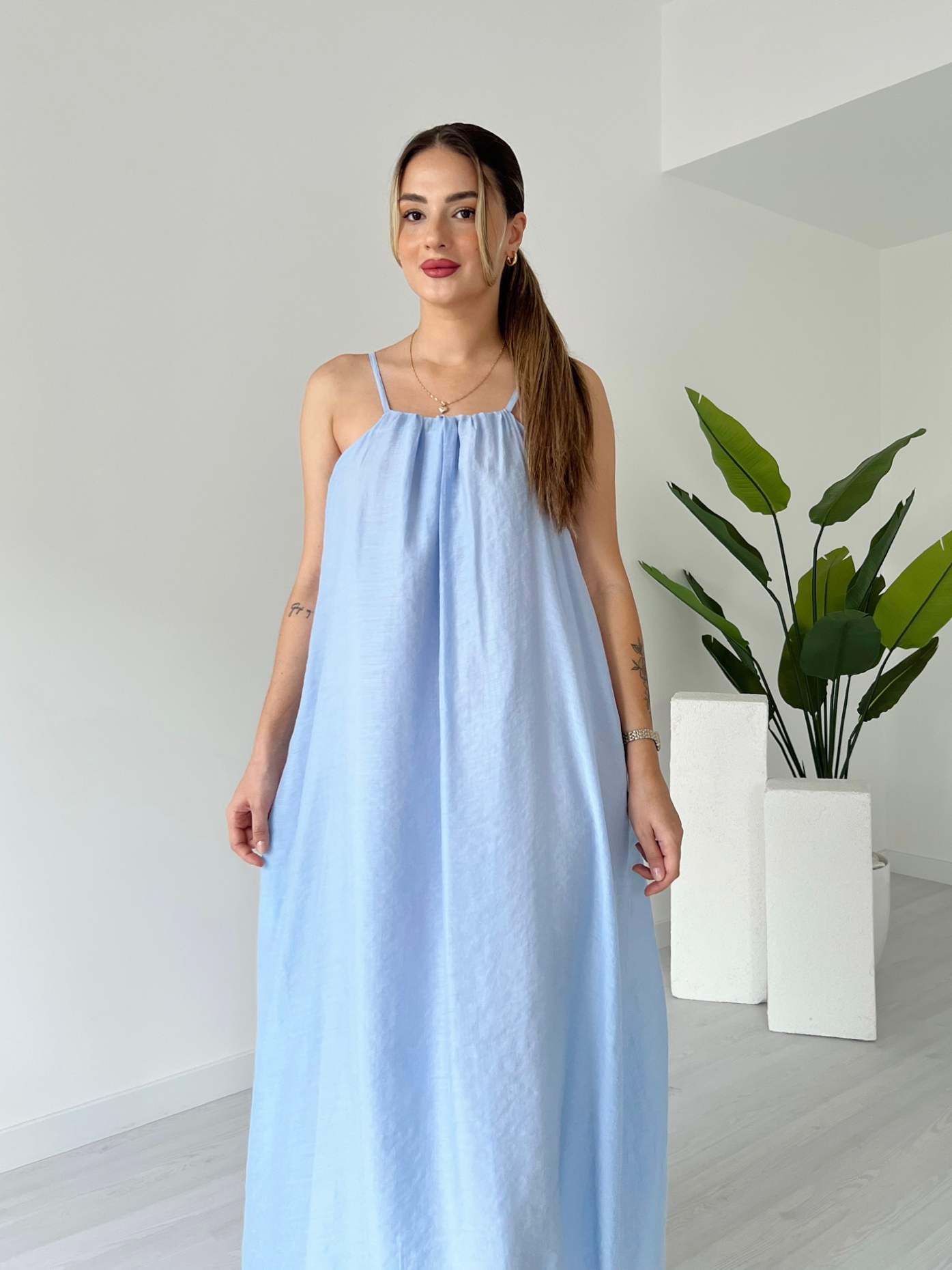 İp Askılı Astarlı Maxi Elbise - Bebe Mavi