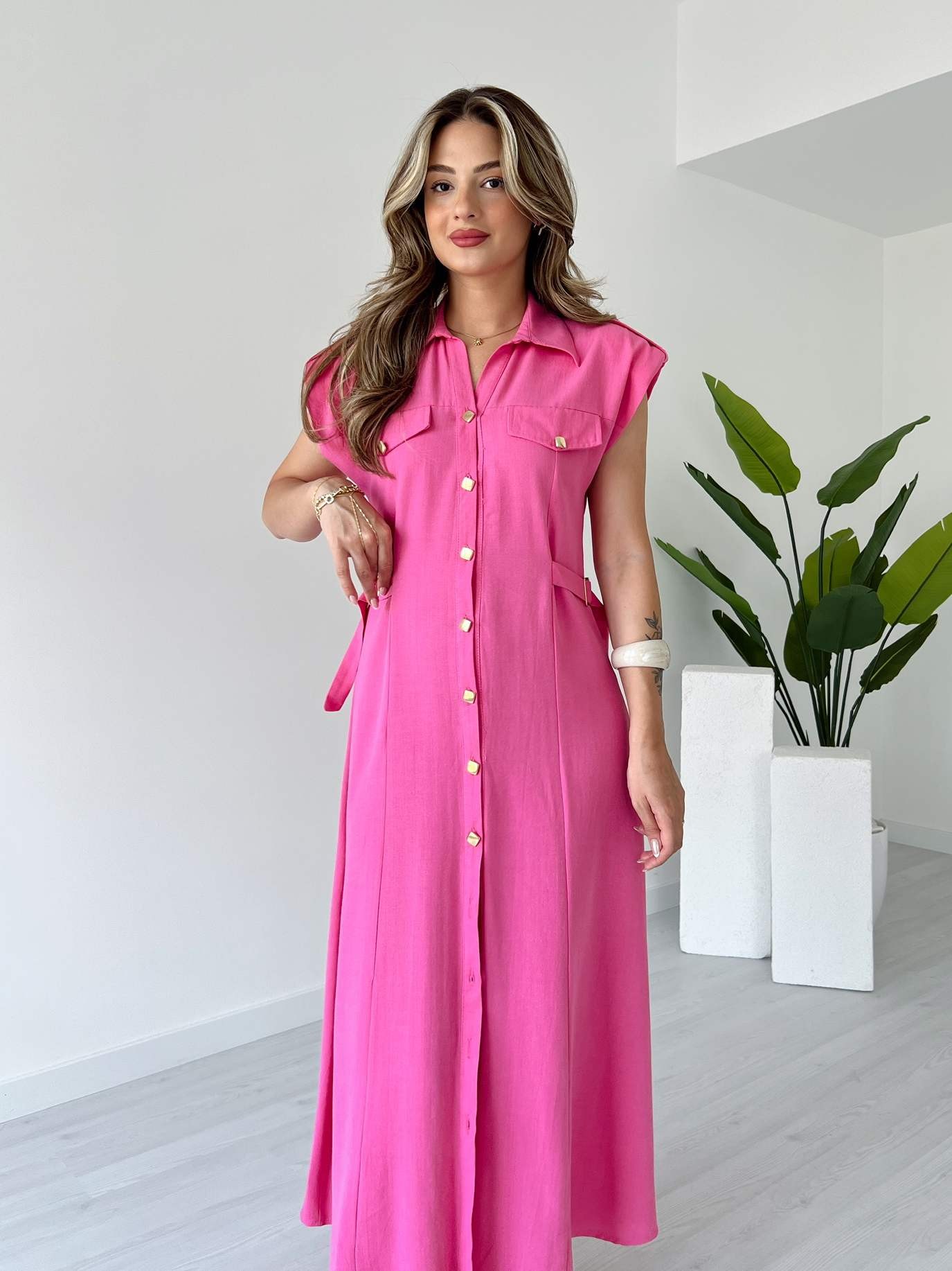 Apolet Detay Gold Düğmeli Keten Elbise - Pembe