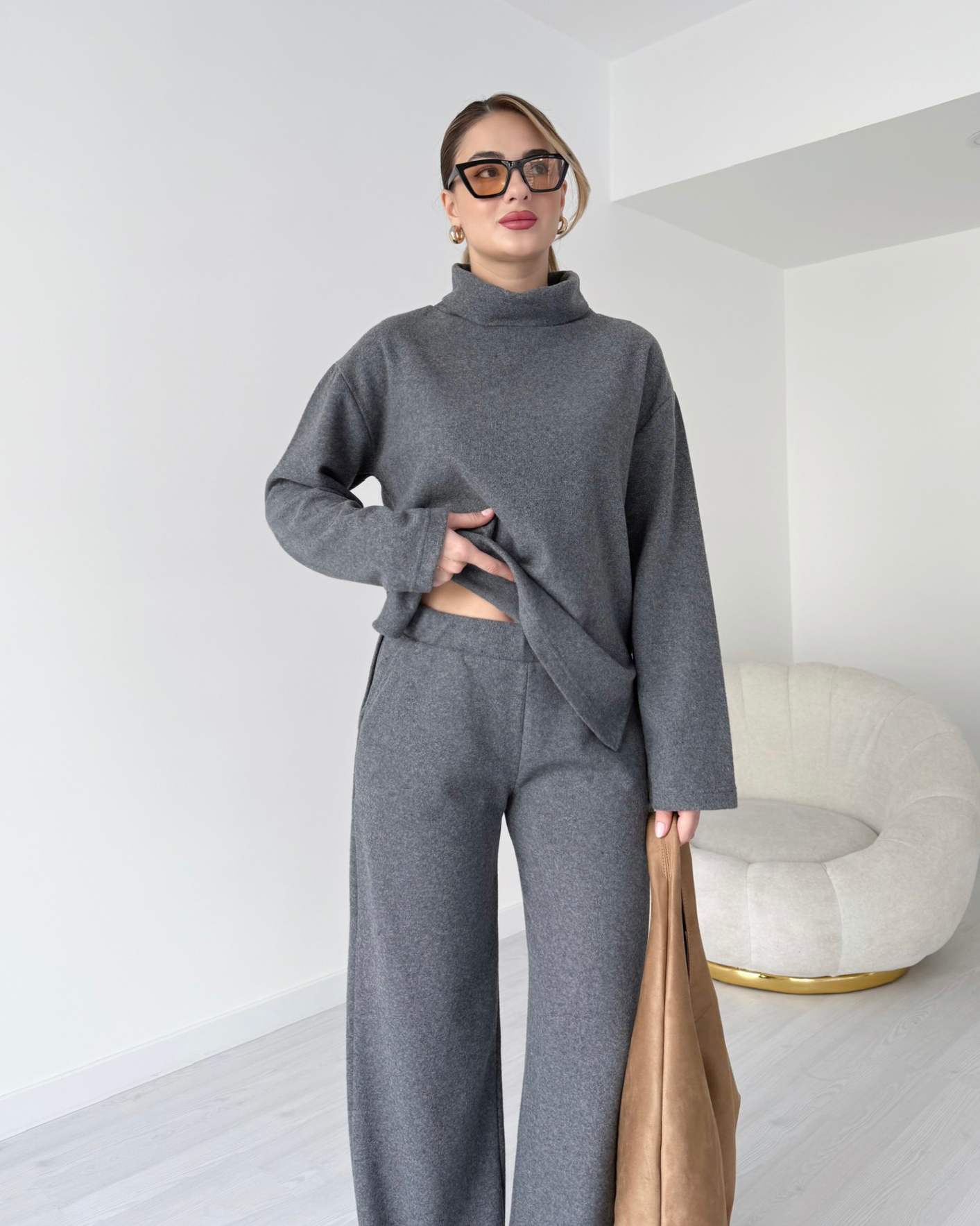 Balıkçı Yaka Selanik Kumaş İkili Takım - Antrasit