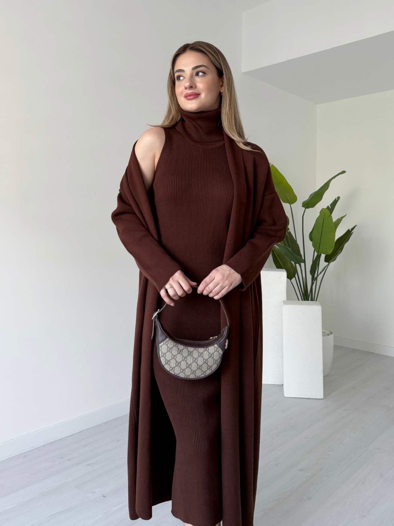Acı Kahve Elbise Hırka Takım