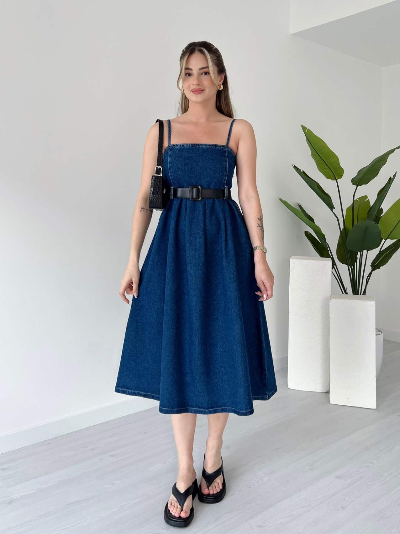 Askılı Denim Elbise - Koyu Mavi