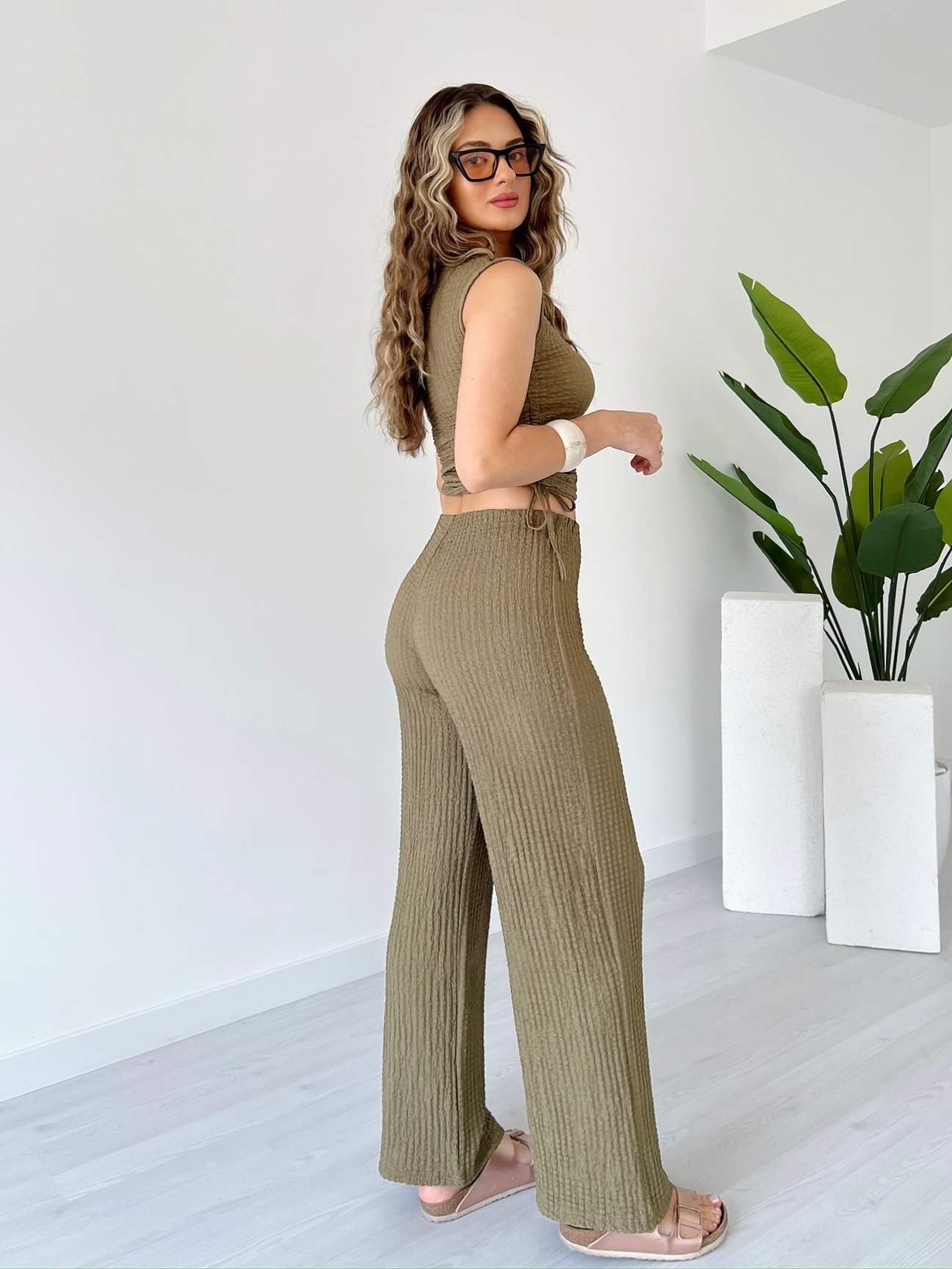 Bubble Kumaş Crop Takım