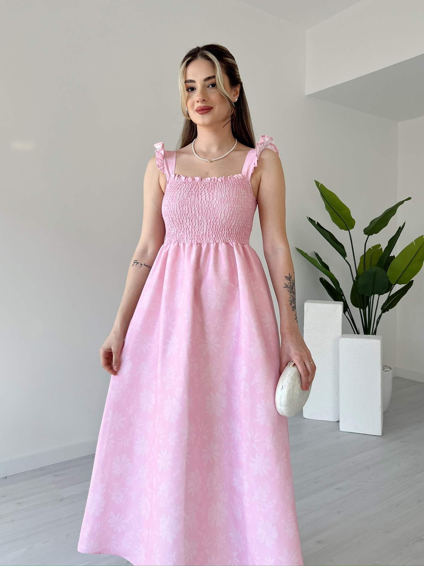 Soluk Efektli Gipeli Elbise - Pembe