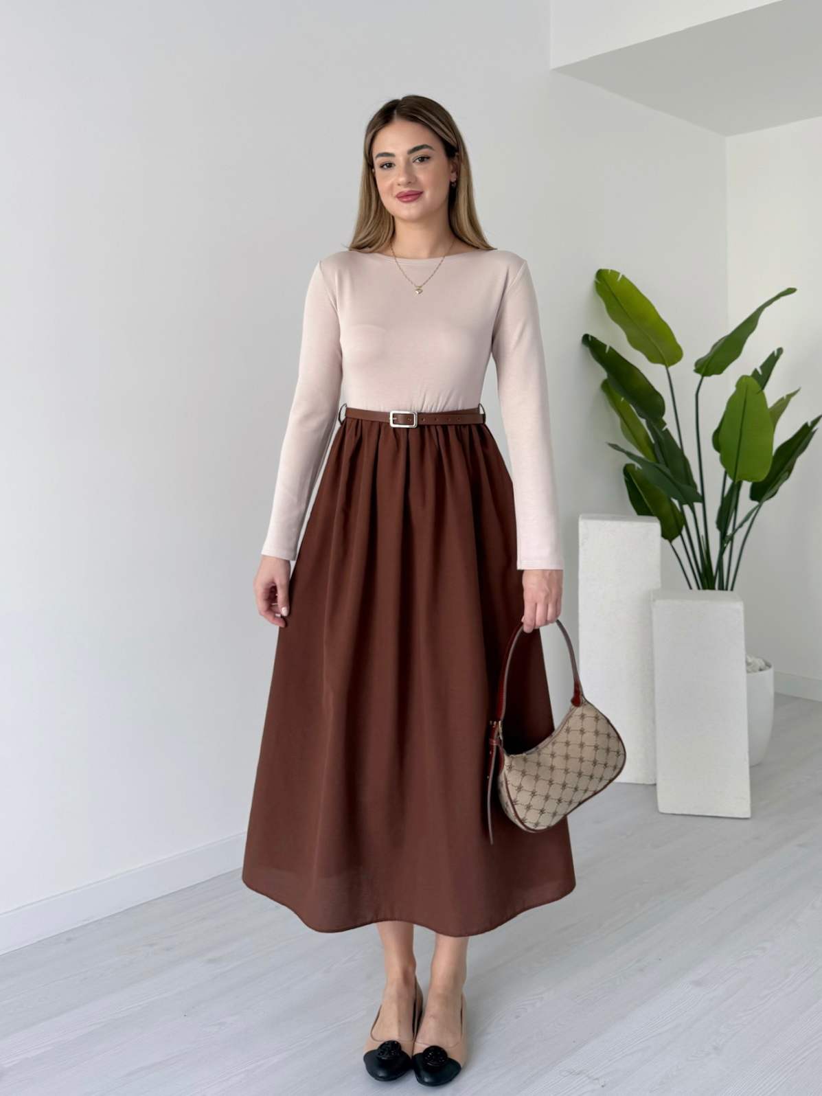 Midi Boy Kemerli Uzun Kollu Elbise