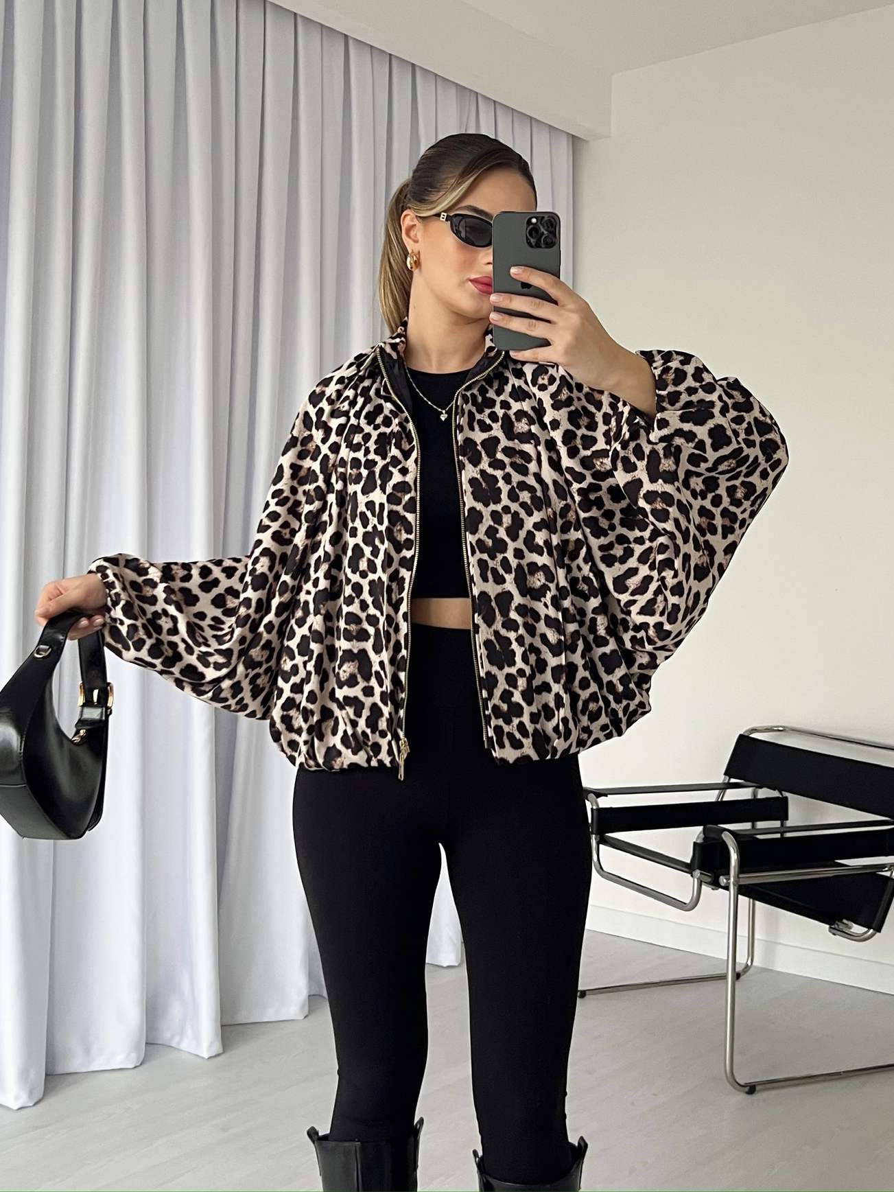 Leopar Desenli Saten Bomber Ceket