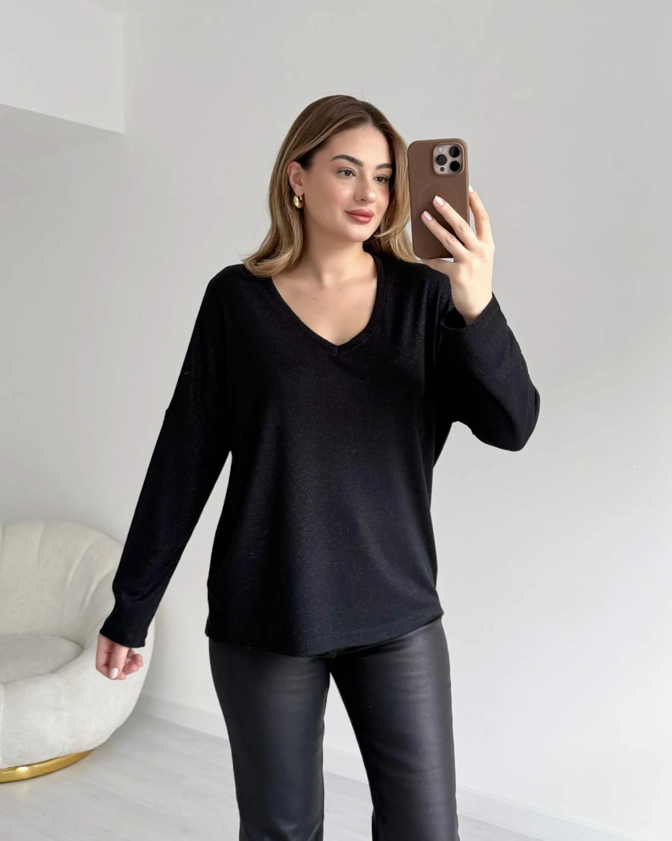 V Yaka Triko Bluz - Siyah