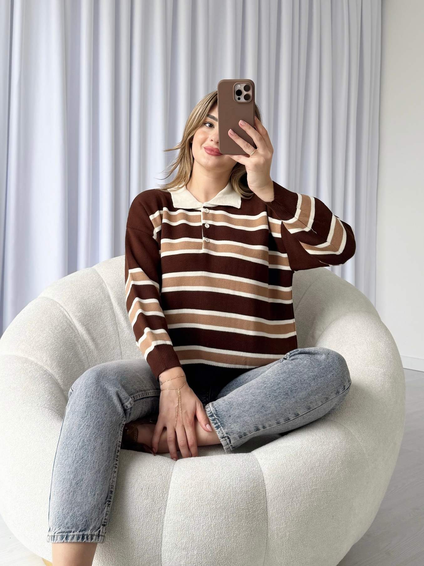 Polo Yaka Çizgili Kazak - Kahve