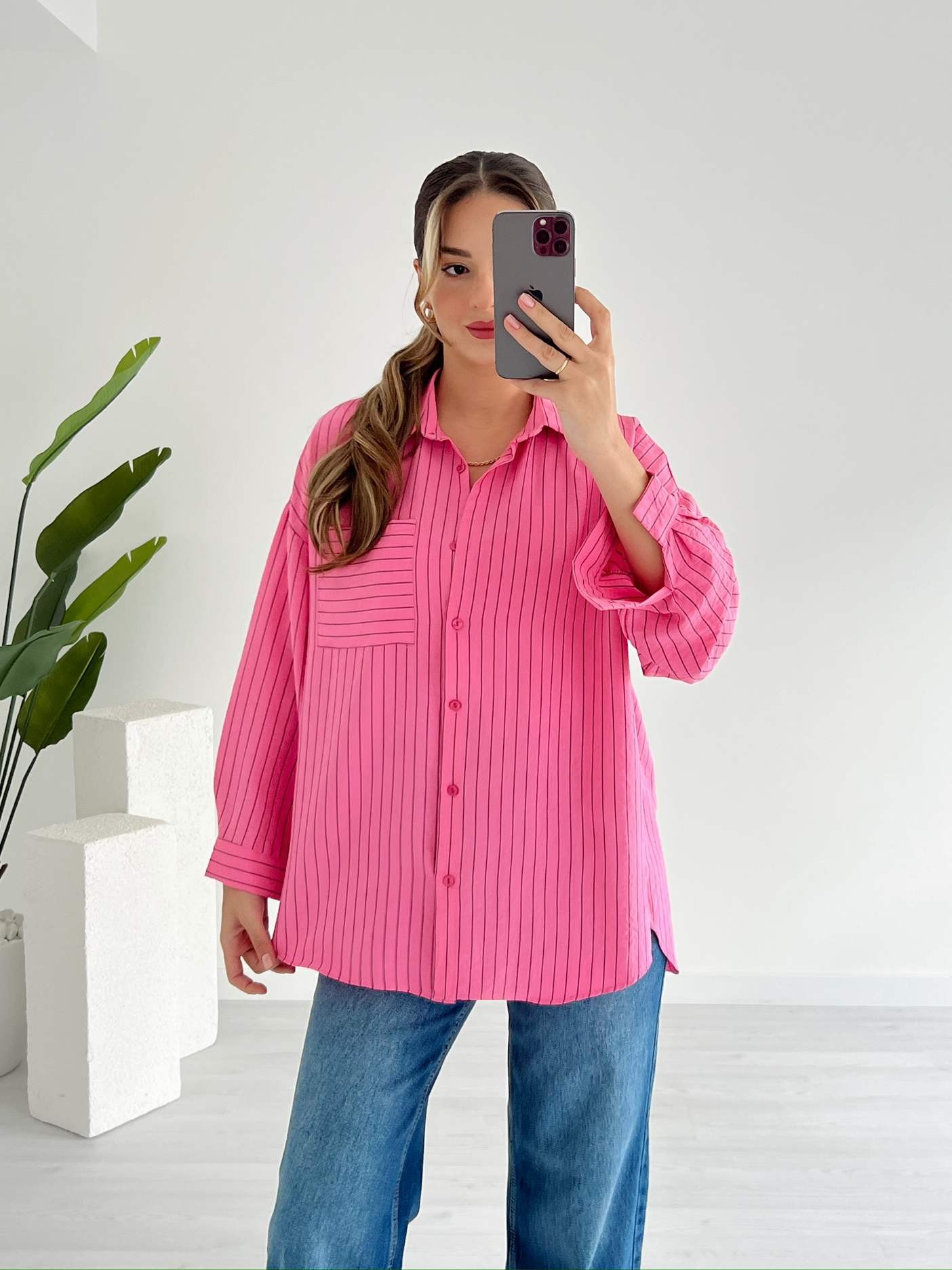 Tek Cepli Çizgili Oversize Gömlek - Pembe