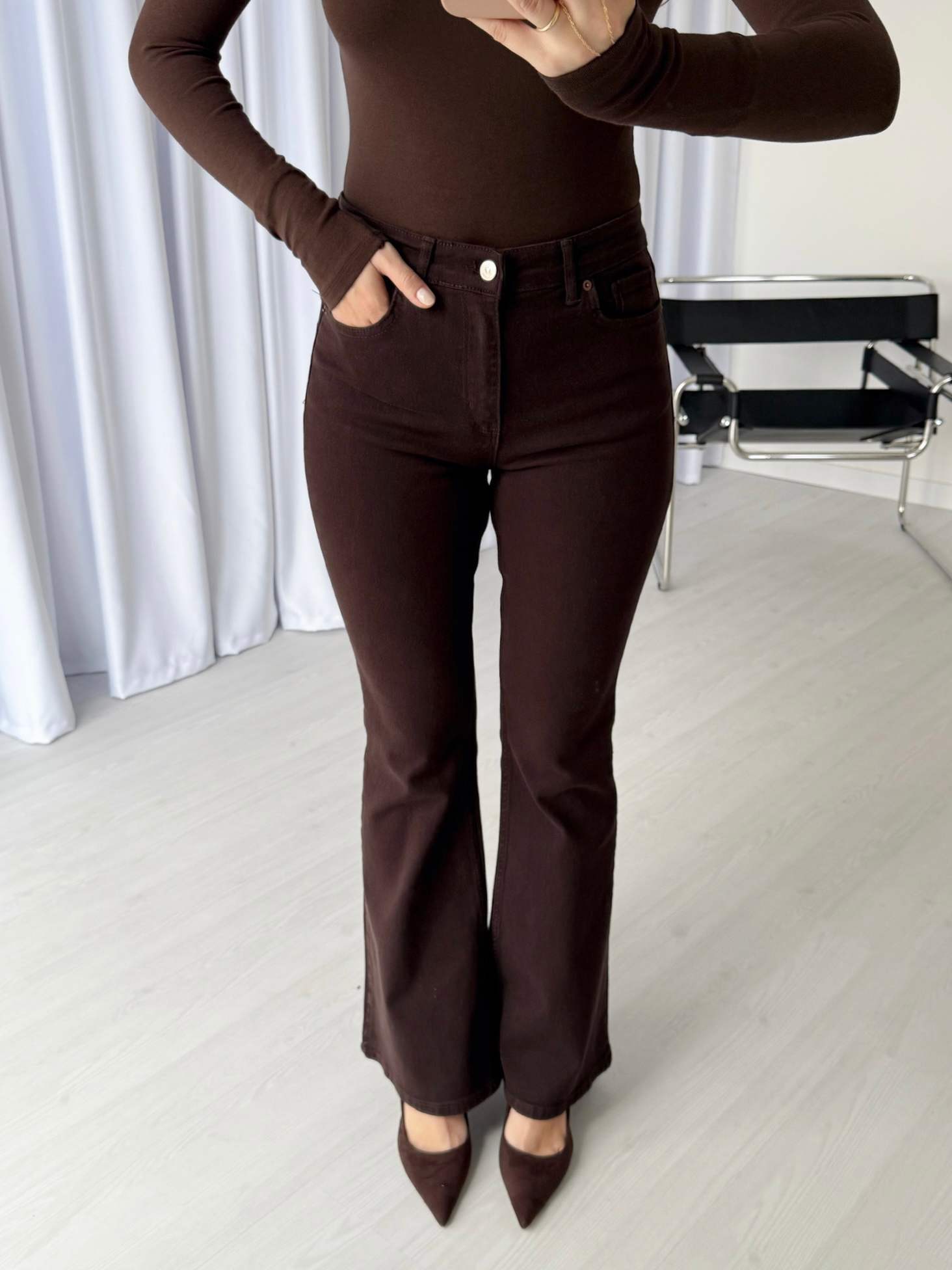 Yüksek Bel Likralı İspanyol Paça Jean