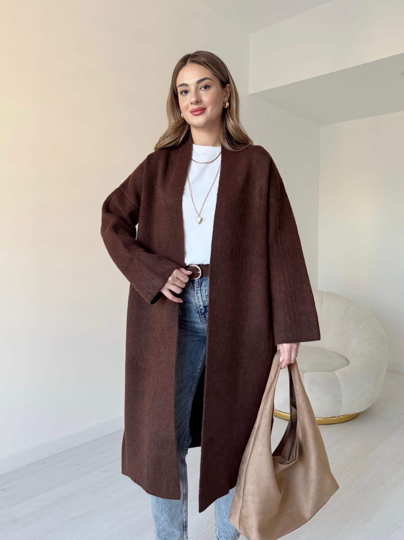 Premium Uzun Triko Hırka - Kahve