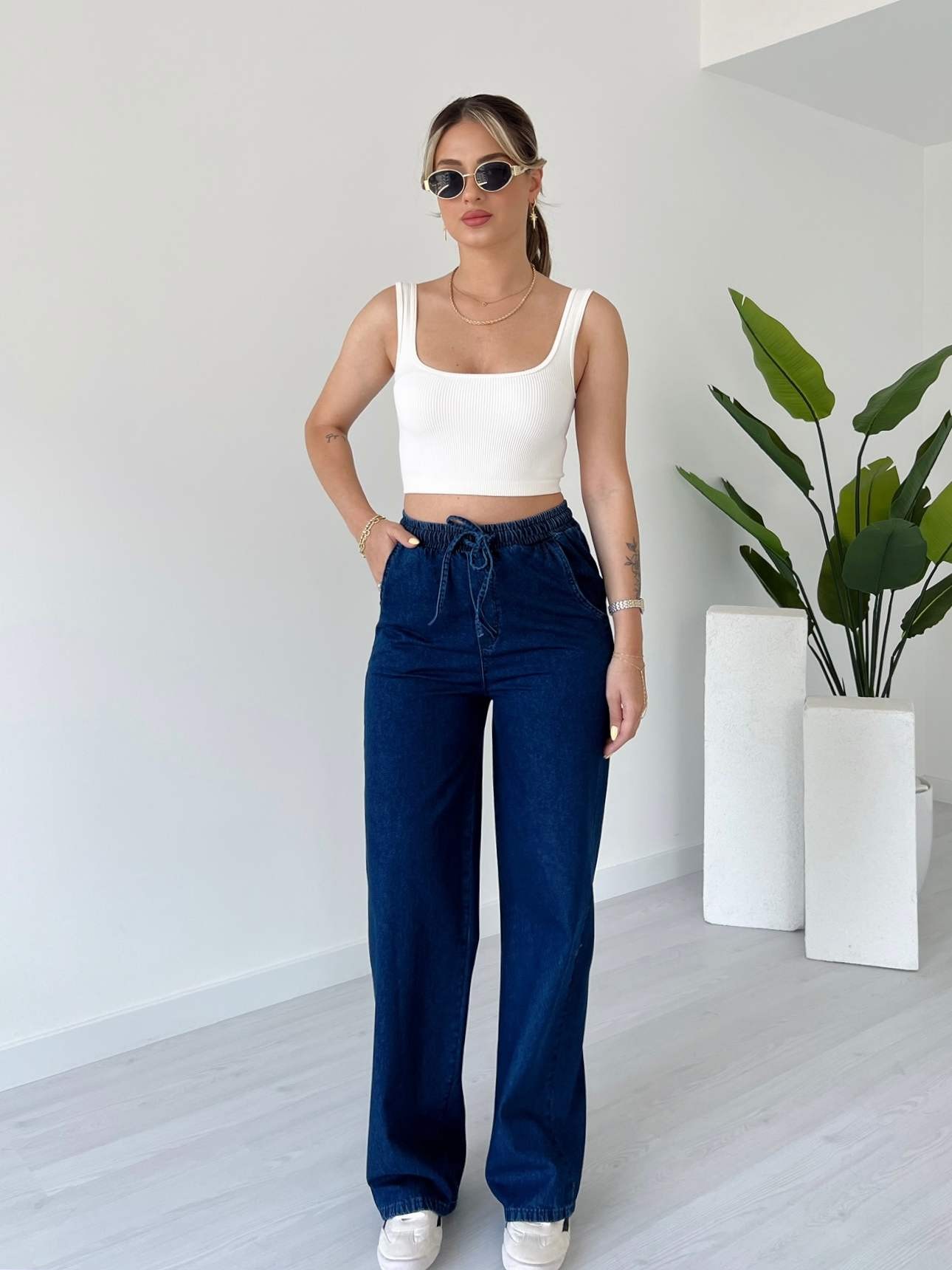 Beli Lastikli Bol Paça Denim Pantolon