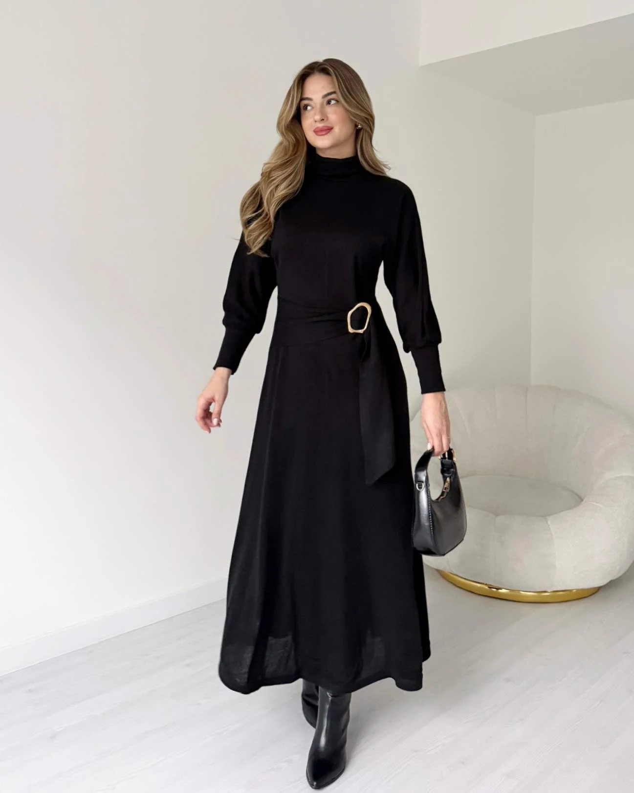 Balıkçı Yaka Kuşak Detaylı Triko Elbise - Siyah