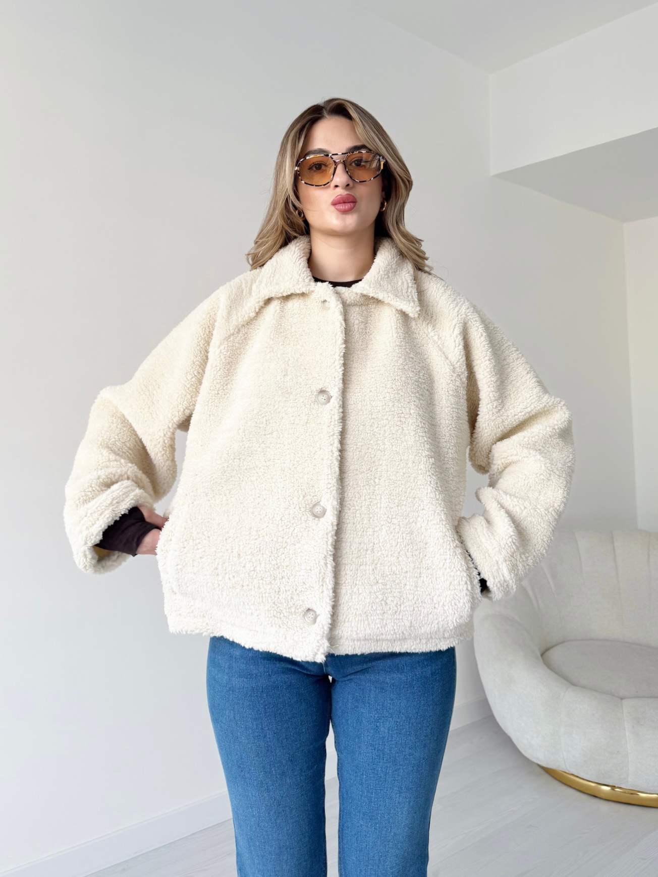 Teddy Peluş Ceket - Krem