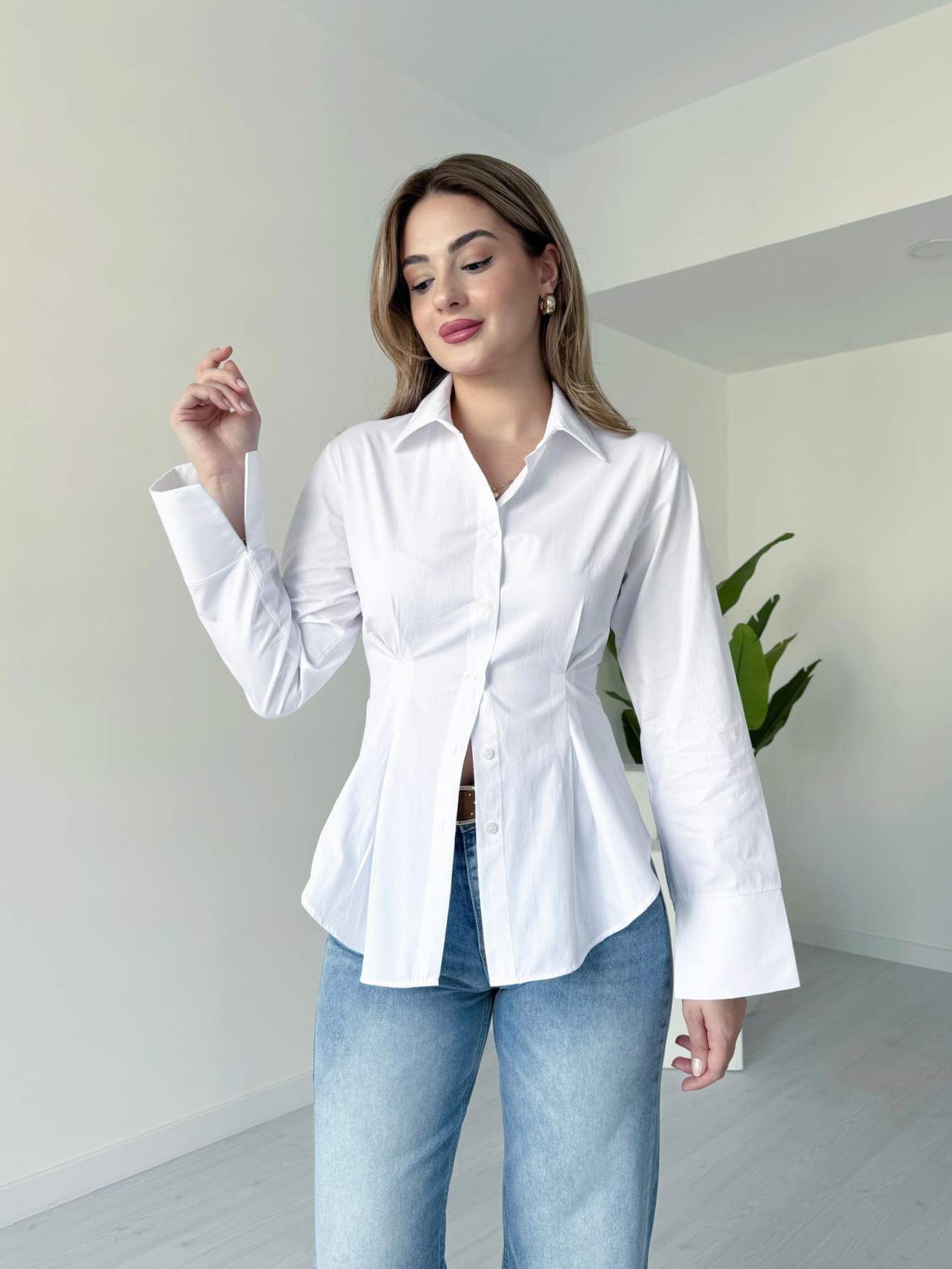 Belden Oturtmalı Poplin Gömlek - Beyaz