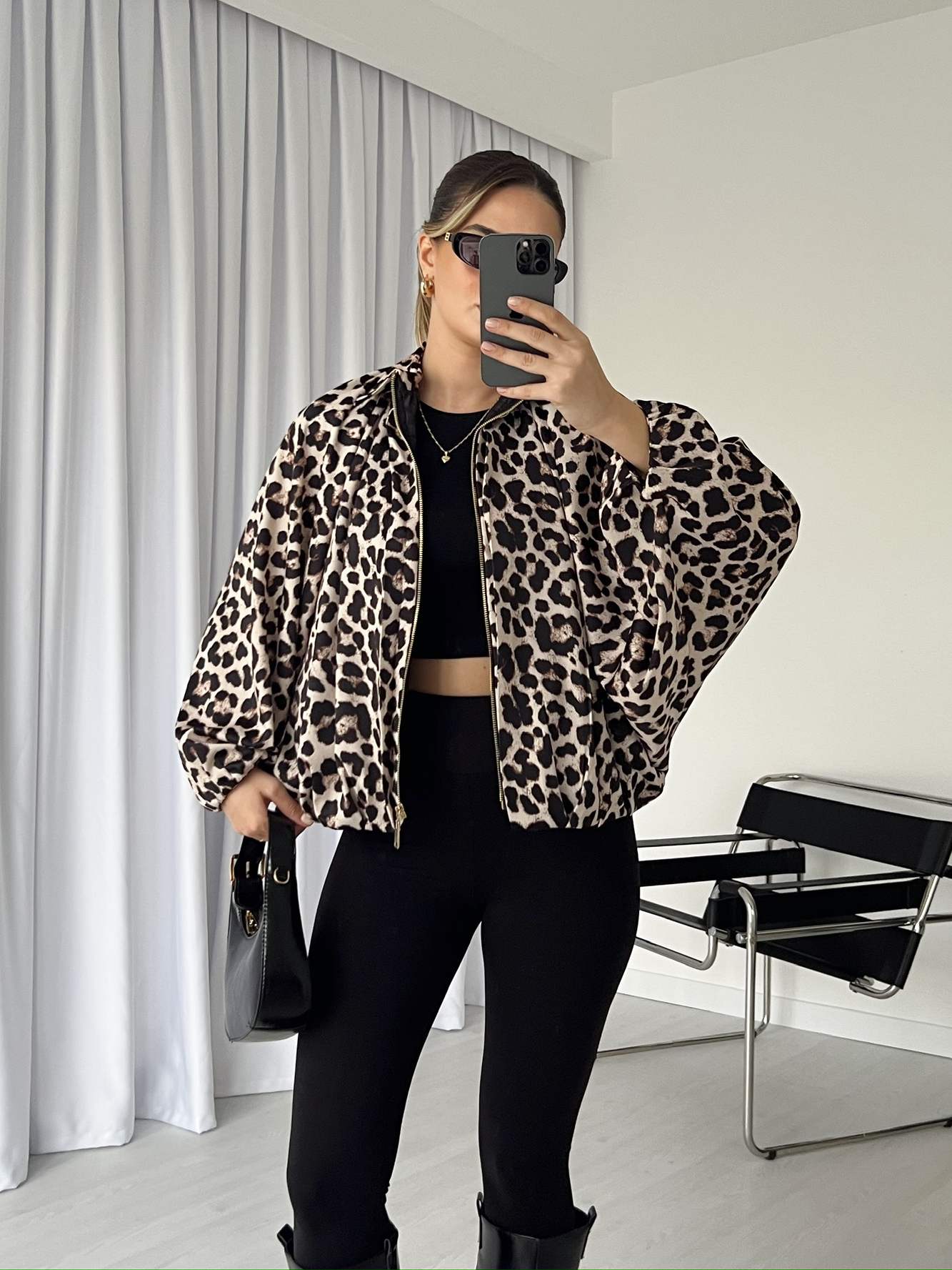Leopar Desenli Saten Bomber Ceket