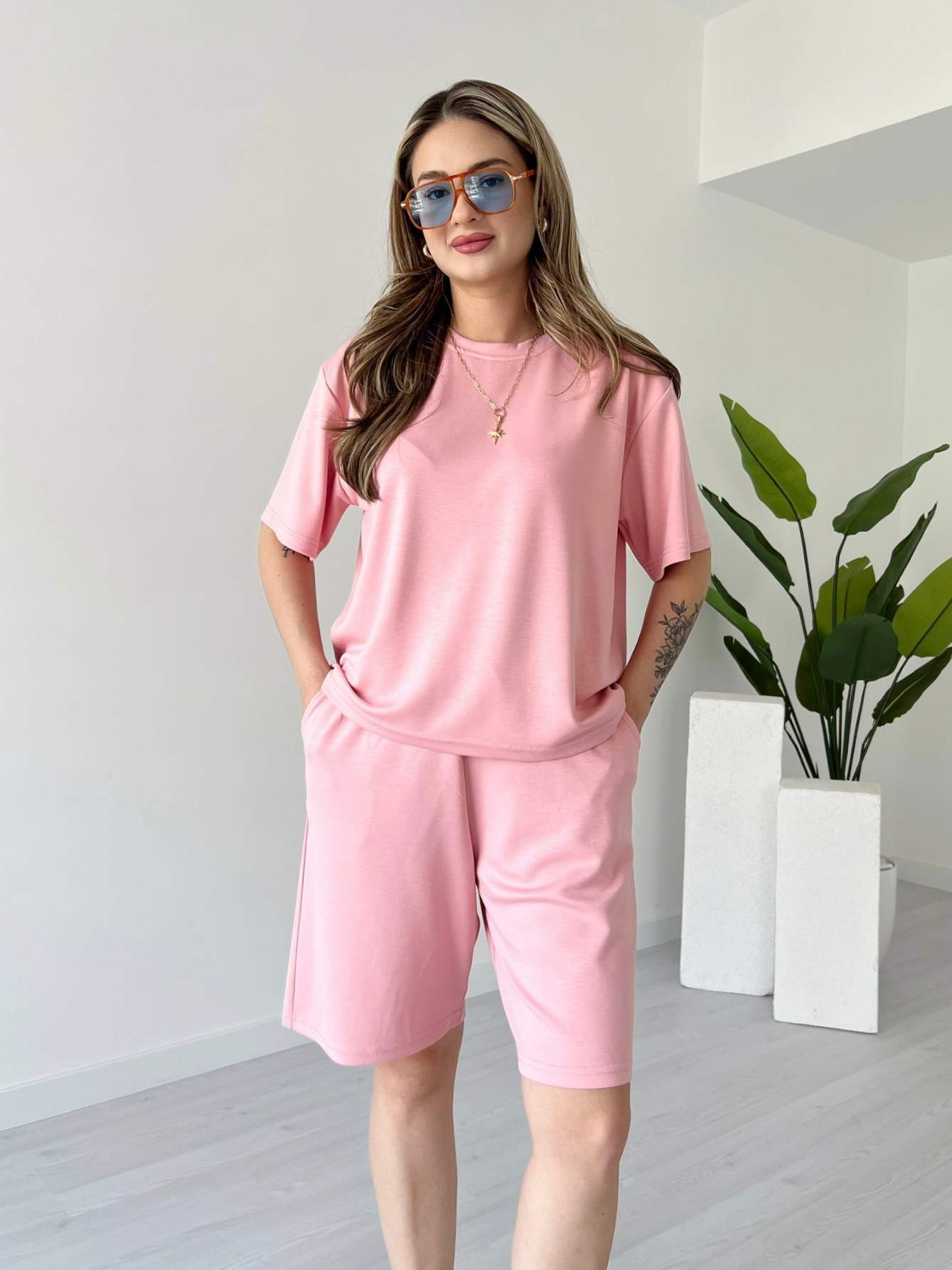 Modal Kumaş Şortlu Takım - Pembe