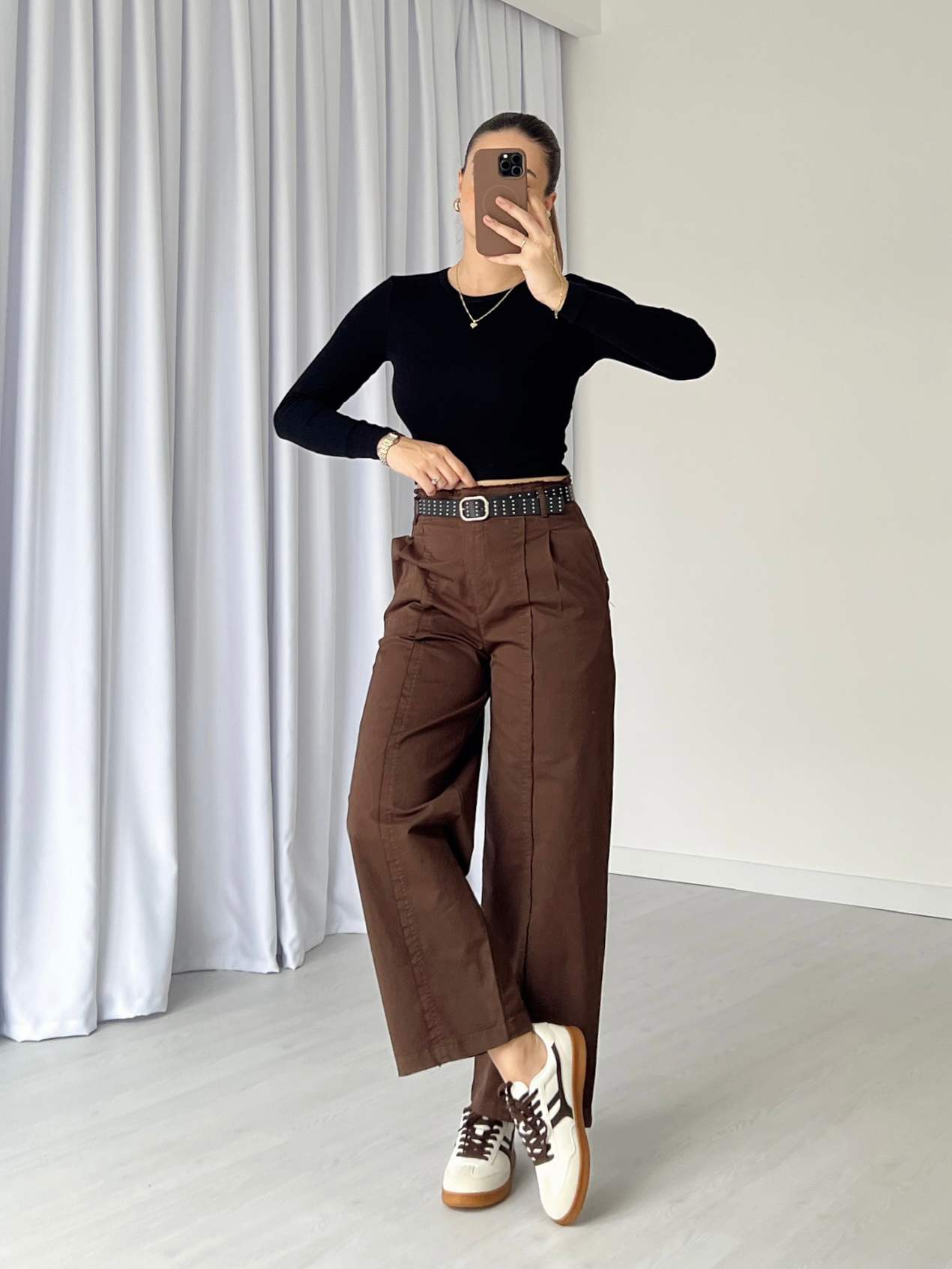 Kemerli Dikiş Detaylı Gabardin Pantolon - Kahve
