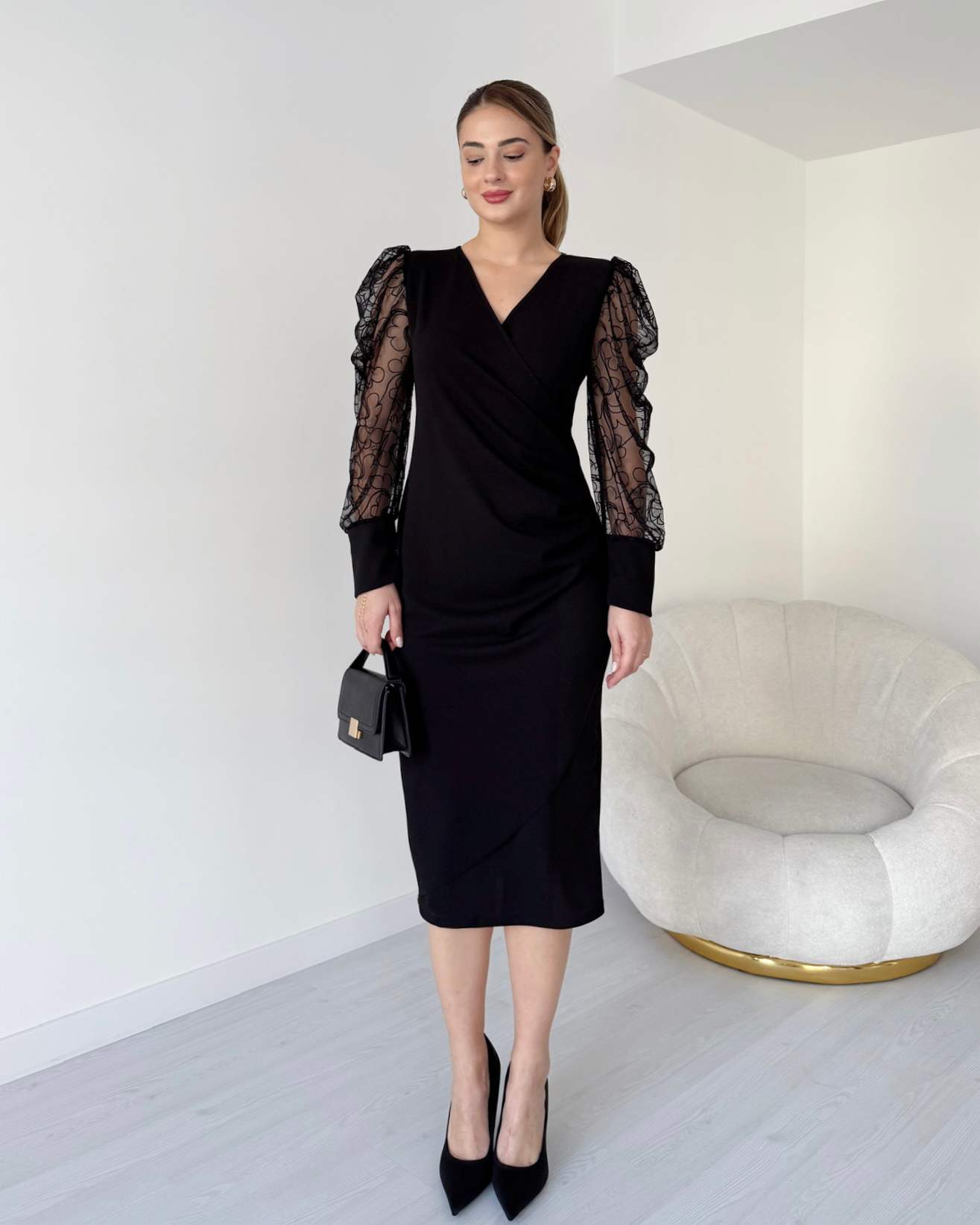 Kruvaze Yaka Kolu Tül Elbise