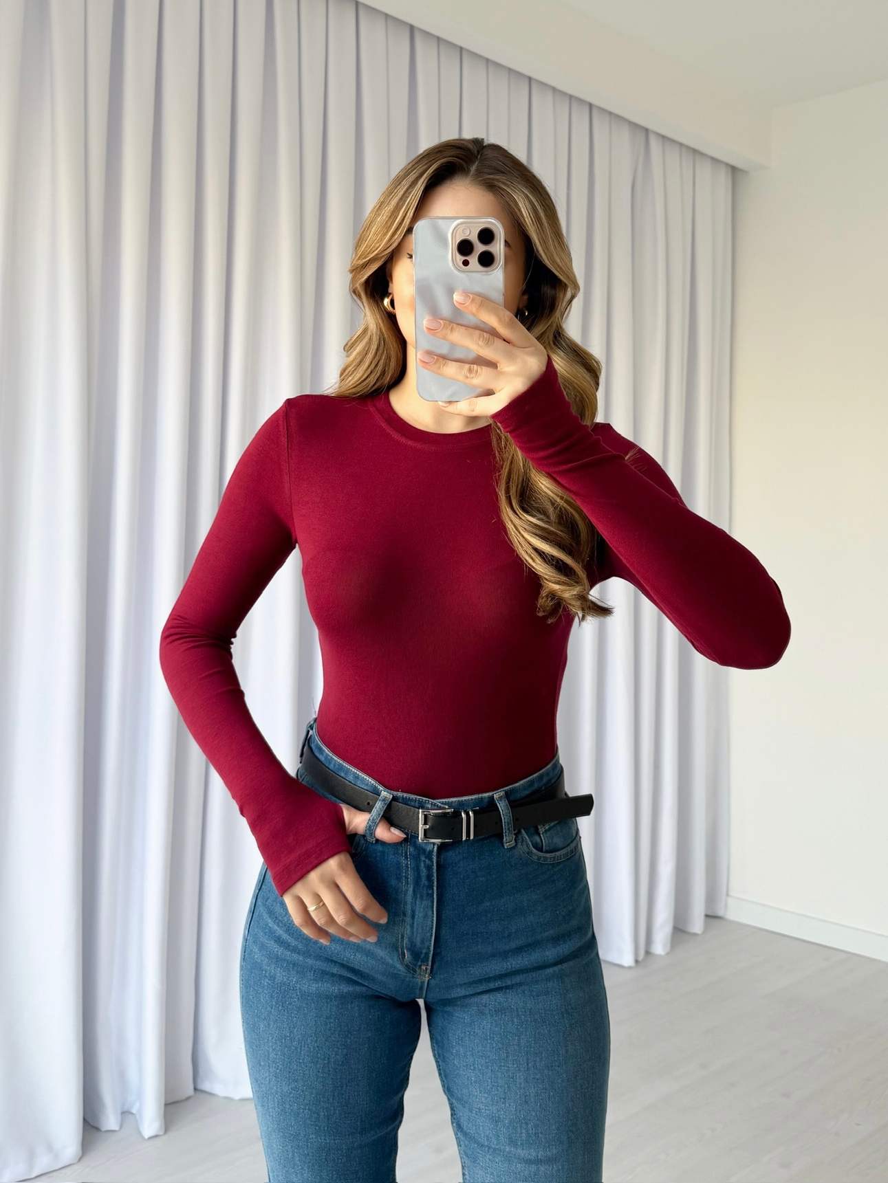 Parmak Geçirmeli Modal T-Shirt - Bordo