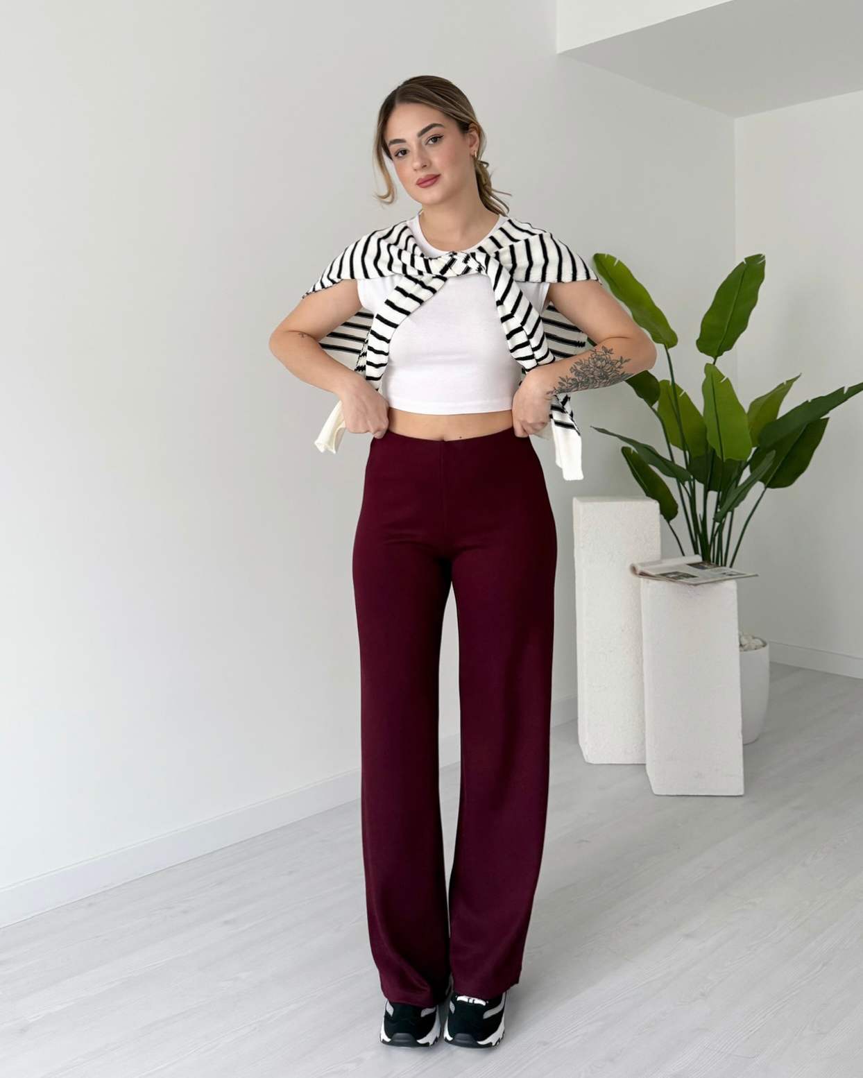 Modal Kumaş Yüksek Bel Cepsiz Pantolon - Bordo