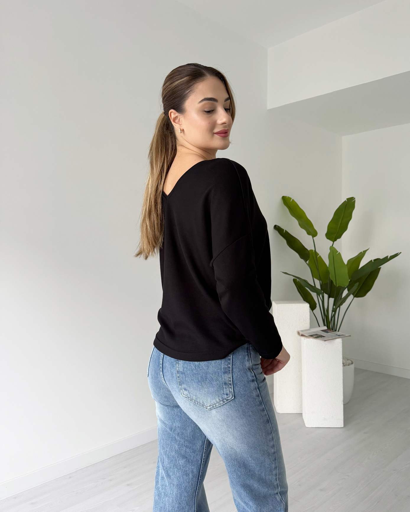 Ön Arka V Modal Bluz - Siyah