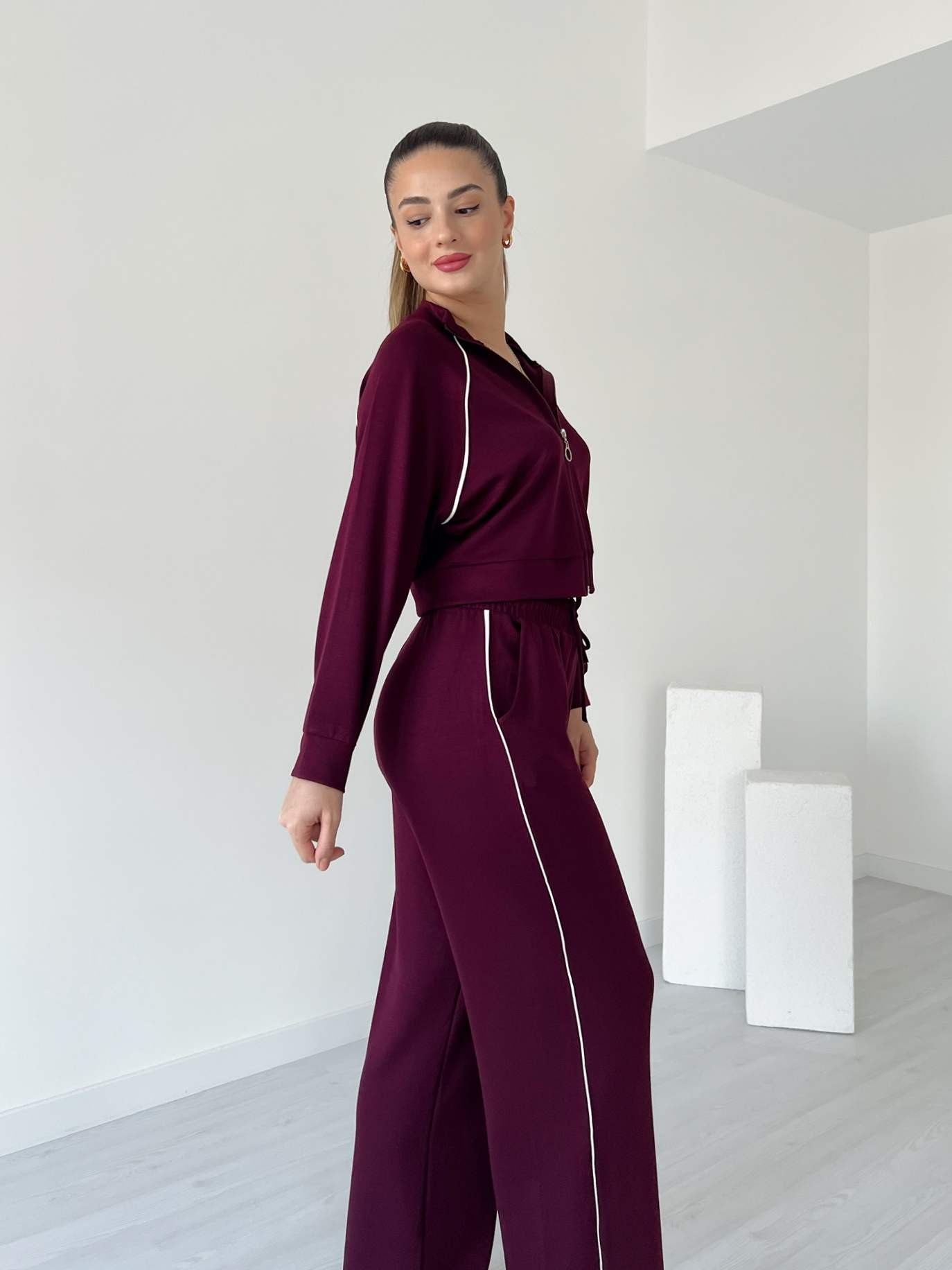 Modal Kumaş Biyeli Eşofman Takımı - Bordo