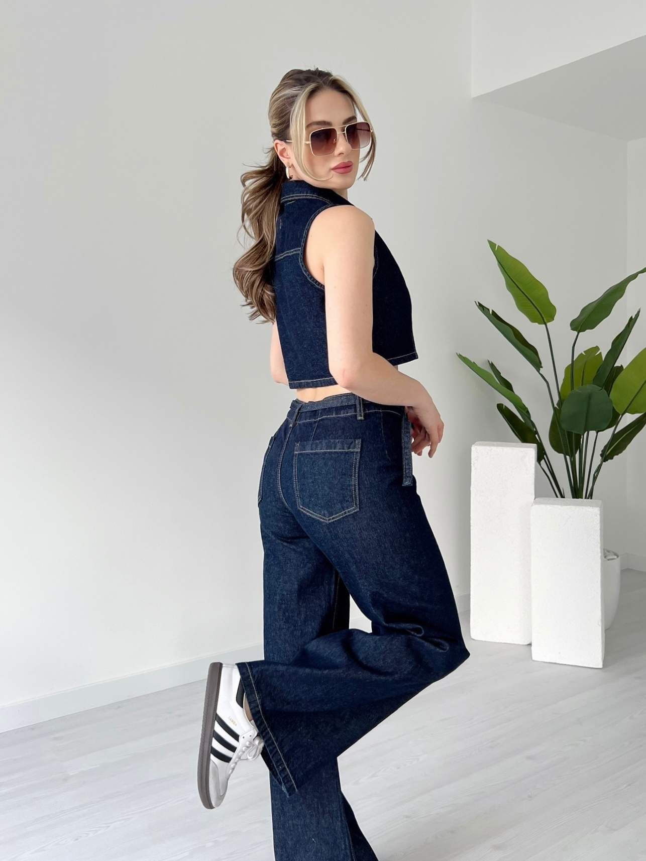 İnce Kemerli Pantolon Yelek Denim Takım
