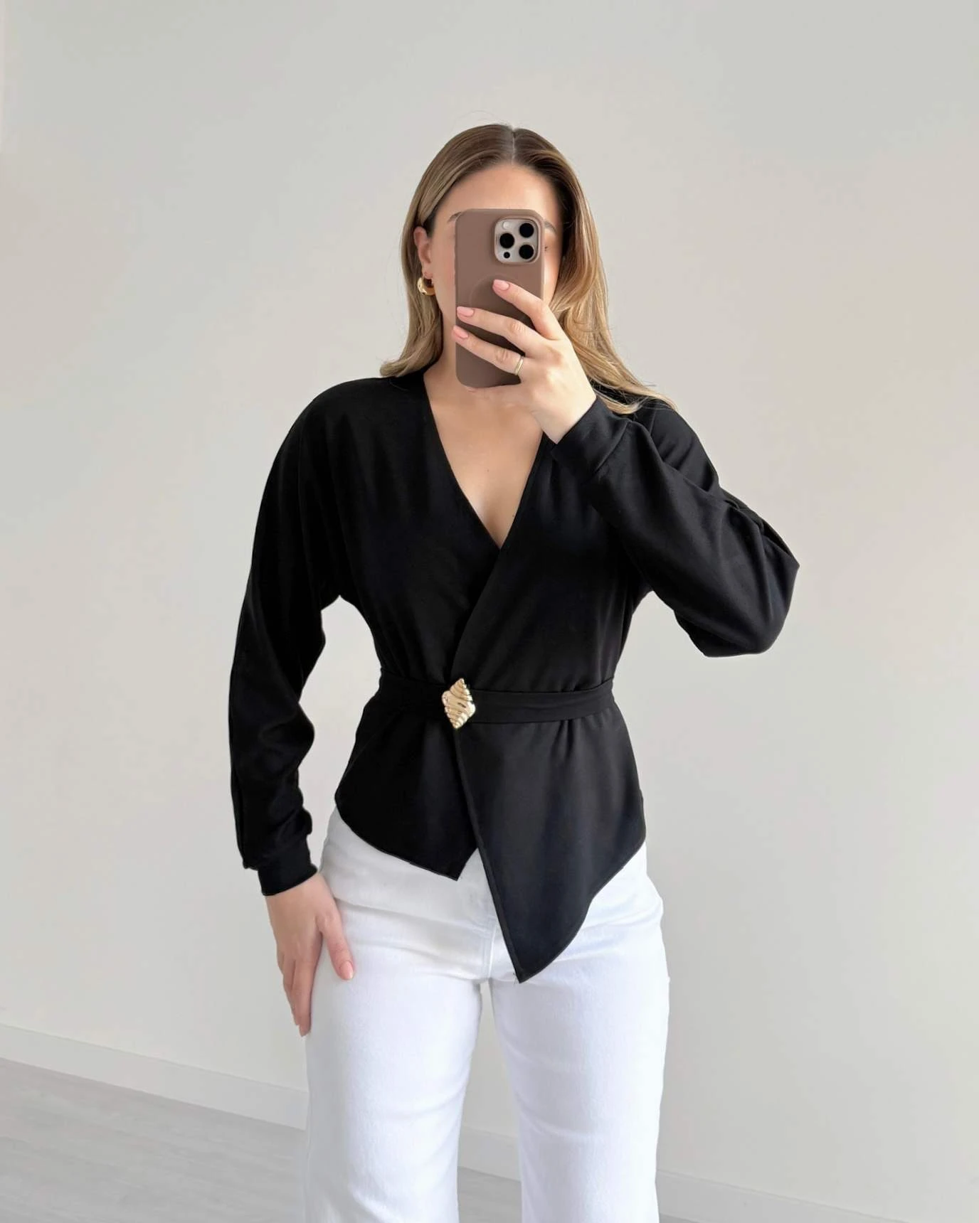 Kruvaze Yaka Çelik Örme Penye Bluz