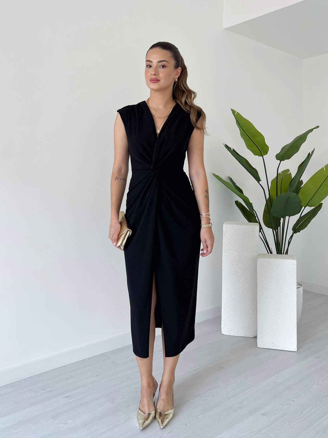 Kruvaze Yaka Beli Büzgülü Elbise