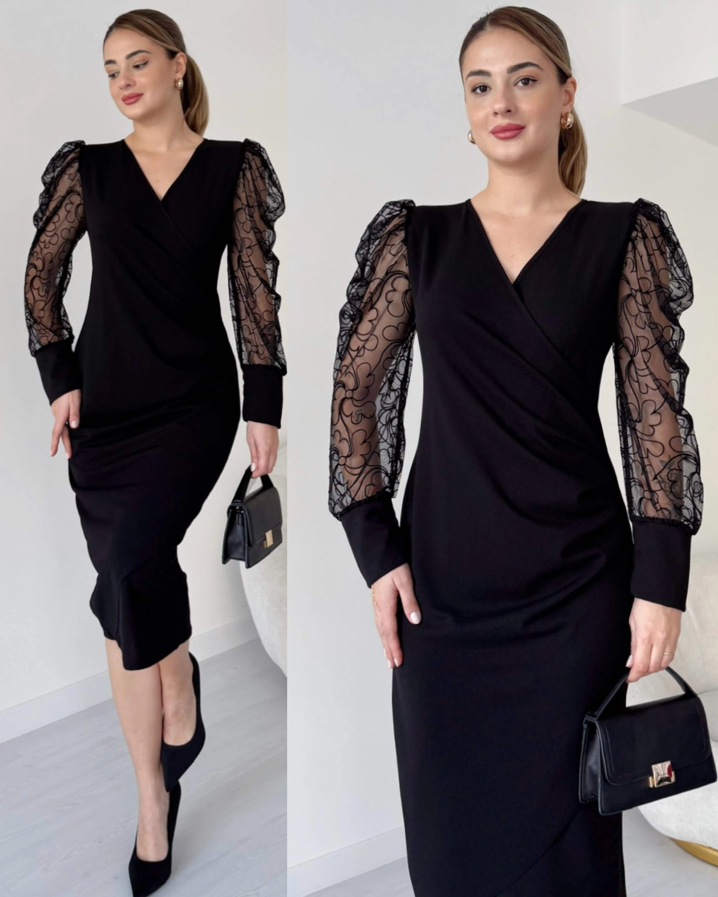 Kruvaze Yaka Kolu Tül Elbise - Siyah