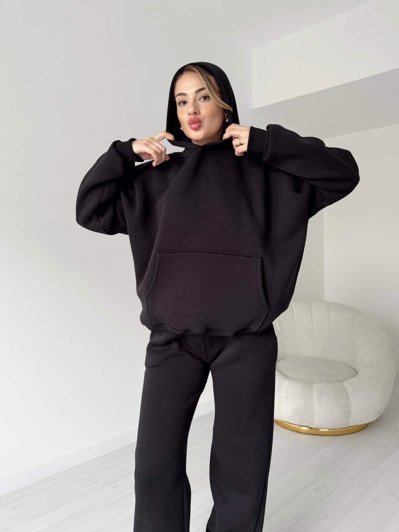 Üç İplik İçi Polarlı Oversize Eşofman Takımı - Siyah