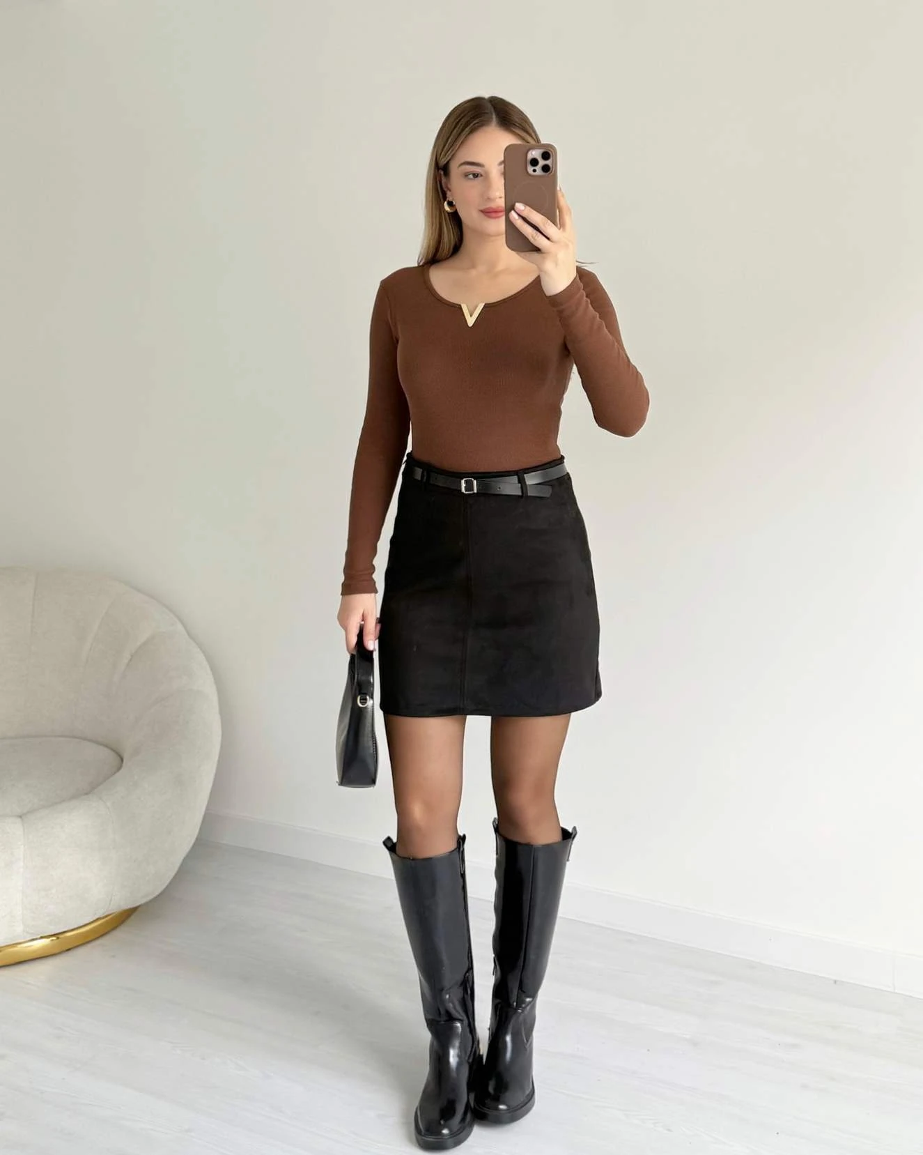 Kemerli Süet Etek - Siyah