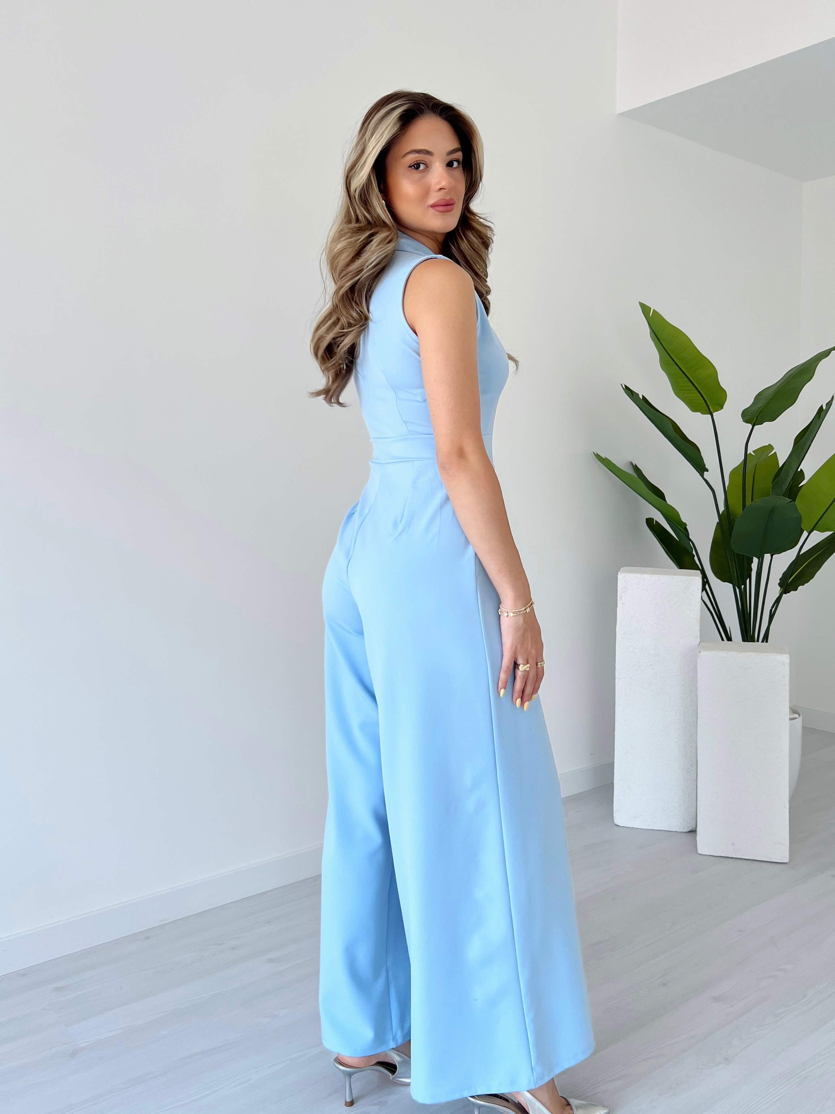 Yaka Fermuarlı Bol Paça Pileli Tulum - Bebe Mavi