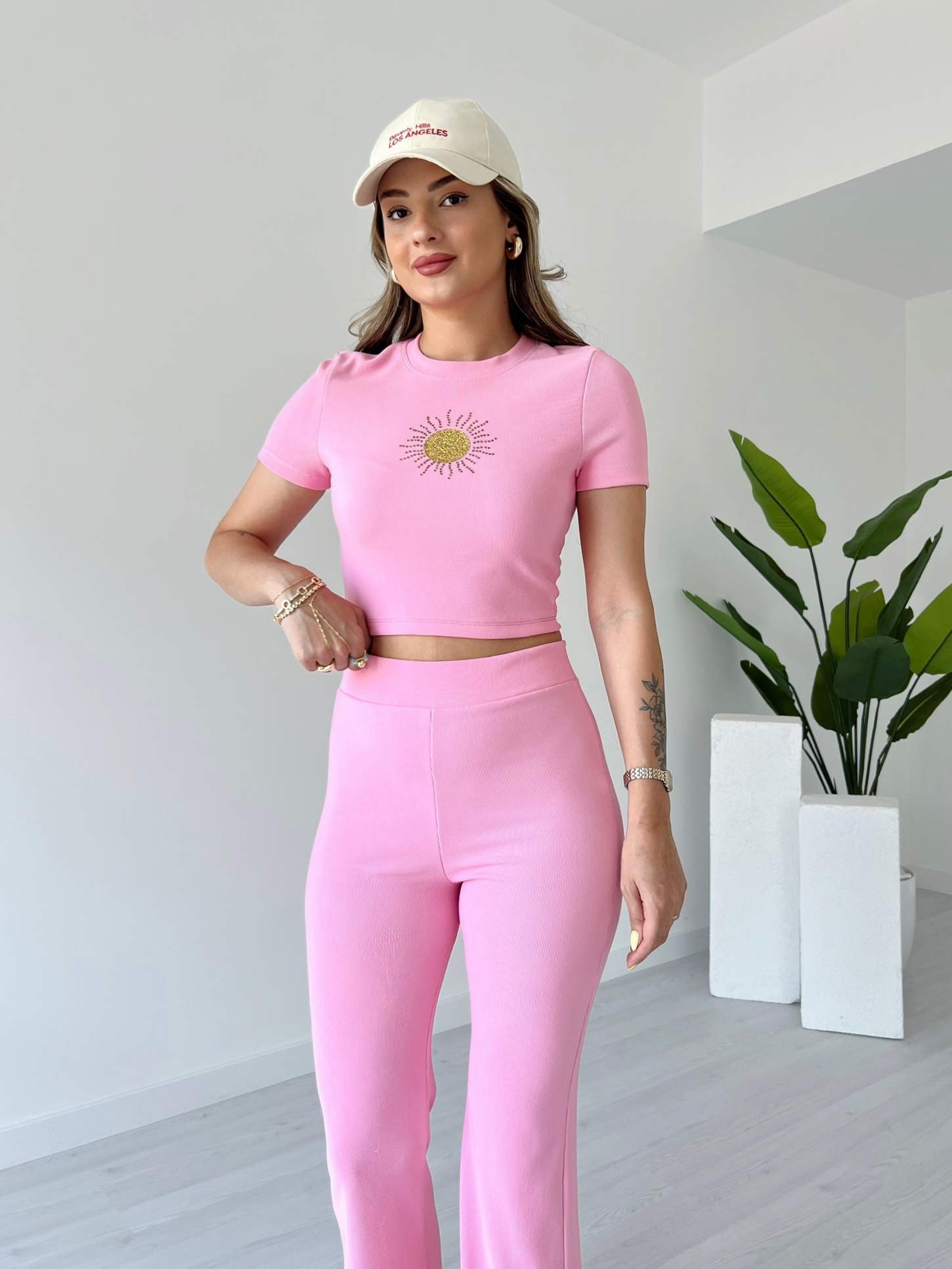 Simli Güneş Baskılı Crop Takım - Pembe