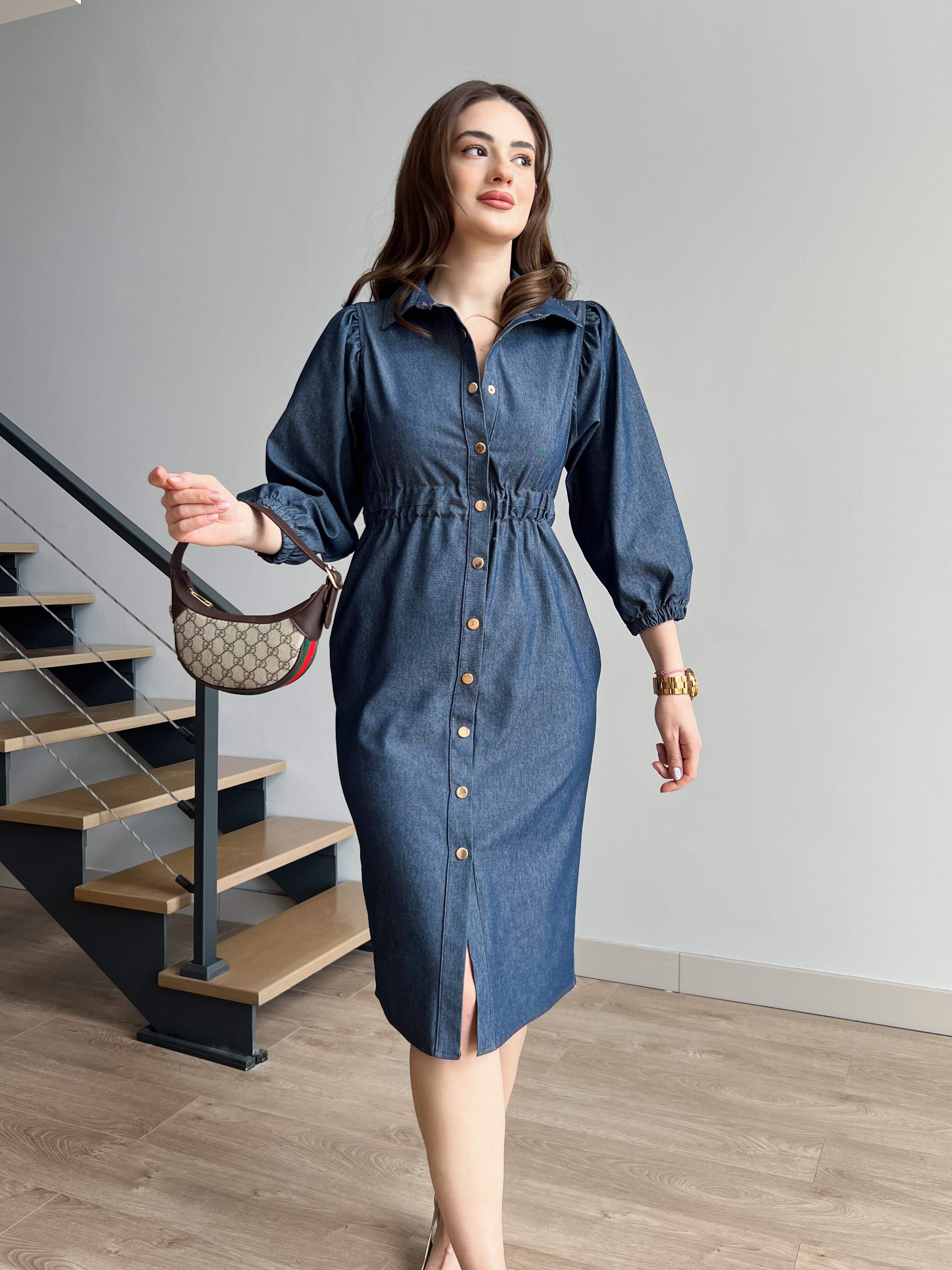 Beli Lastikli Çıtçıtlı Denim Elbise