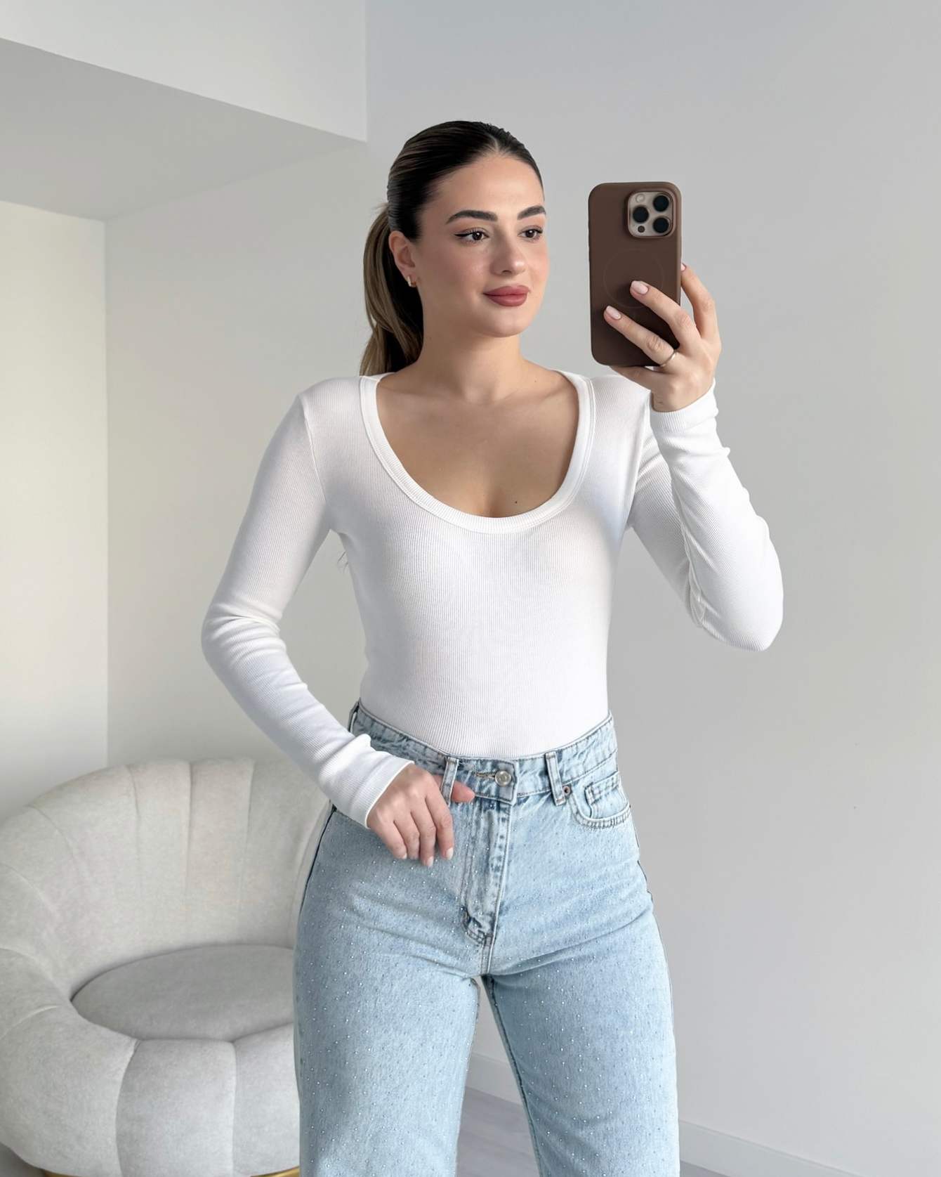 U Yaka Fitilli Bluz - Beyaz