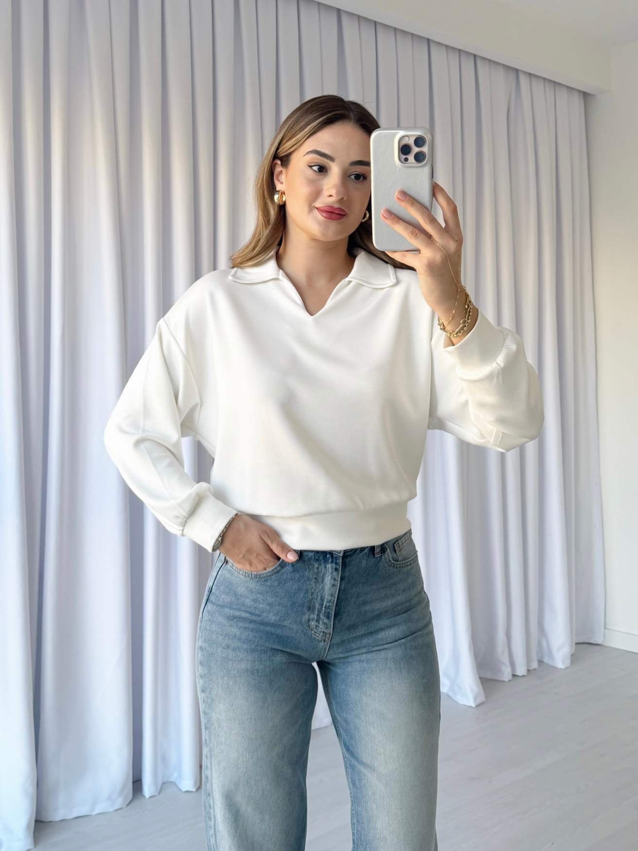 Modal Kumaş Yakalı Bluz - Beyaz